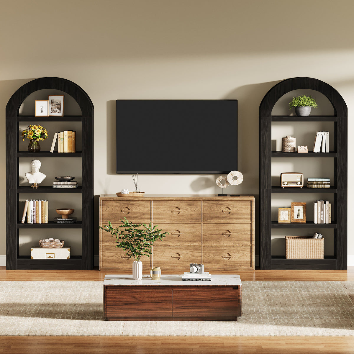 180 cm Boog Boekenkast met 5 Niveaus en Opbergruimte, Houten Open Kast voor Woonkamer en Kantoor