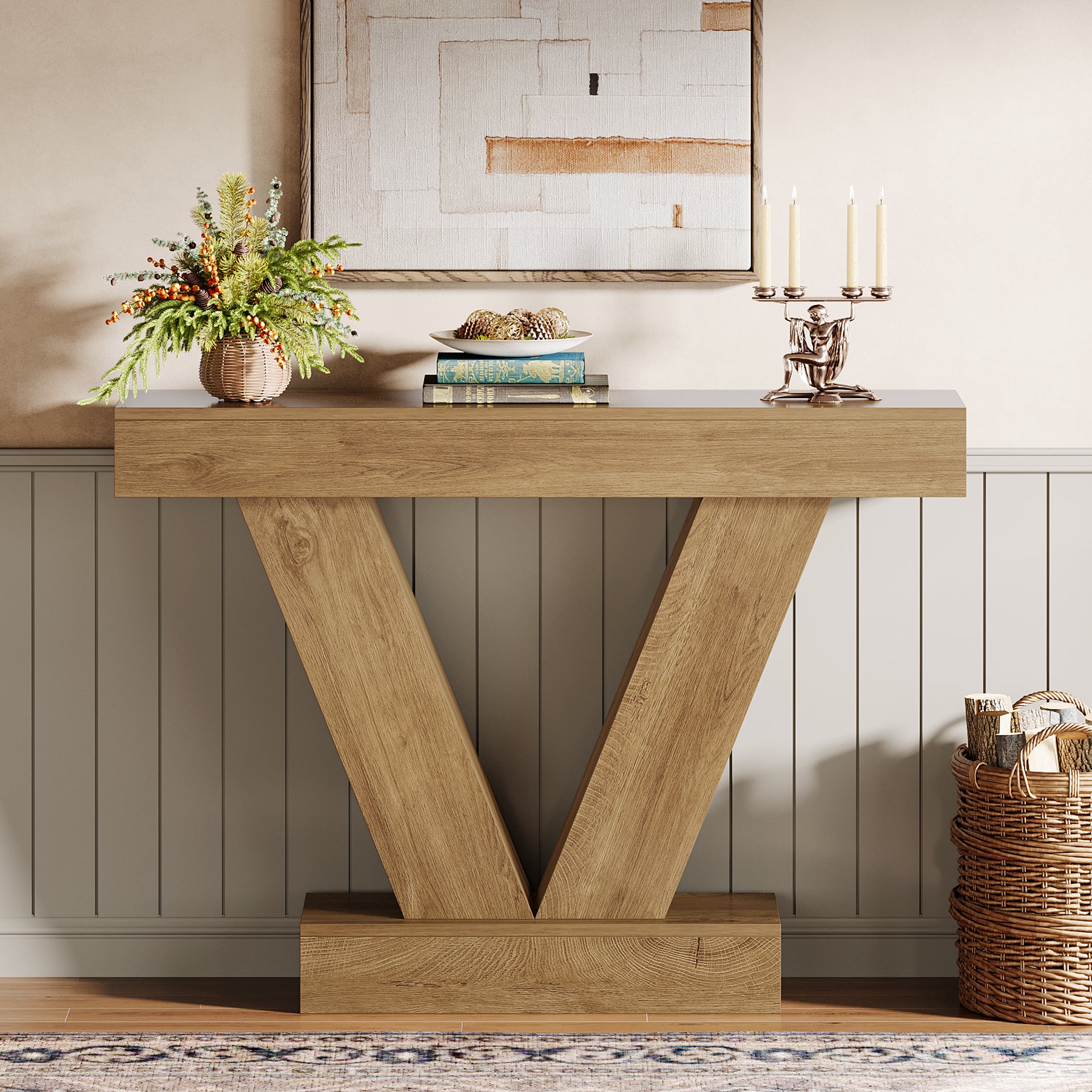 105 cm Consoletafel met V-vormige Poten, Smalle Haltafel voor Woonkamer en Entree in Bruin