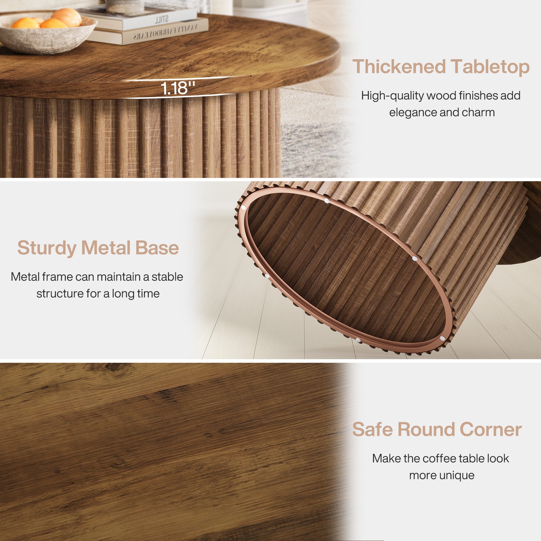 80 cm Ronde Salontafel Landelijke Stijl, Met Metalen Basis en Fineer Top voor Woonkamer en Kantoor