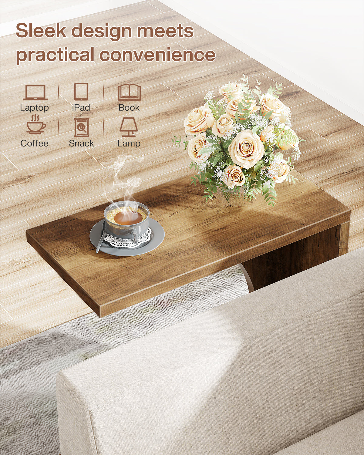 C-vormige Bijzettafel van Hout, Smalle Rustieke Tafel met Dienblad voor Woonkamer