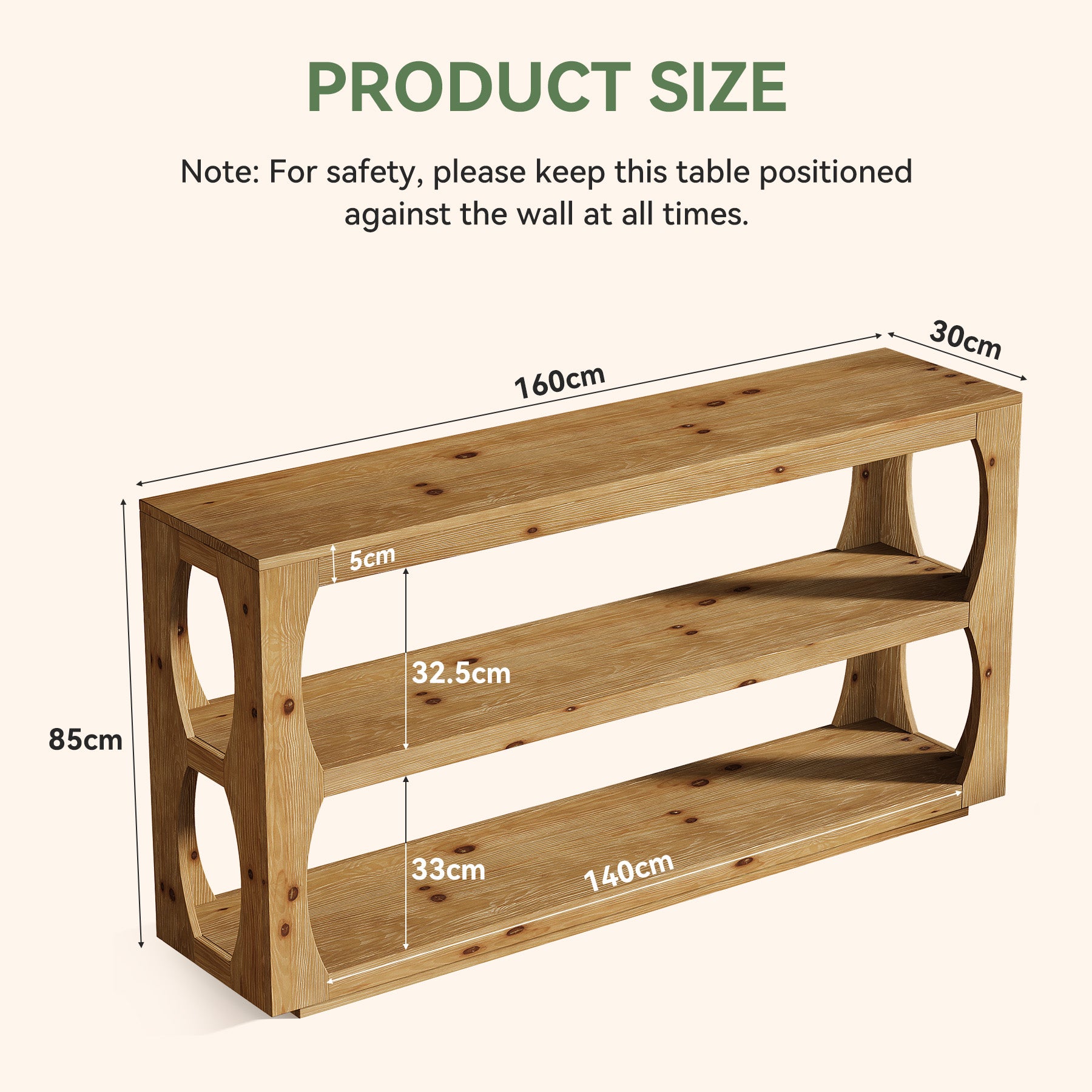 160 cm Houten Consoletafel met 3-Laags Opbergruimte, Lange Smalle Landelijke Tafel