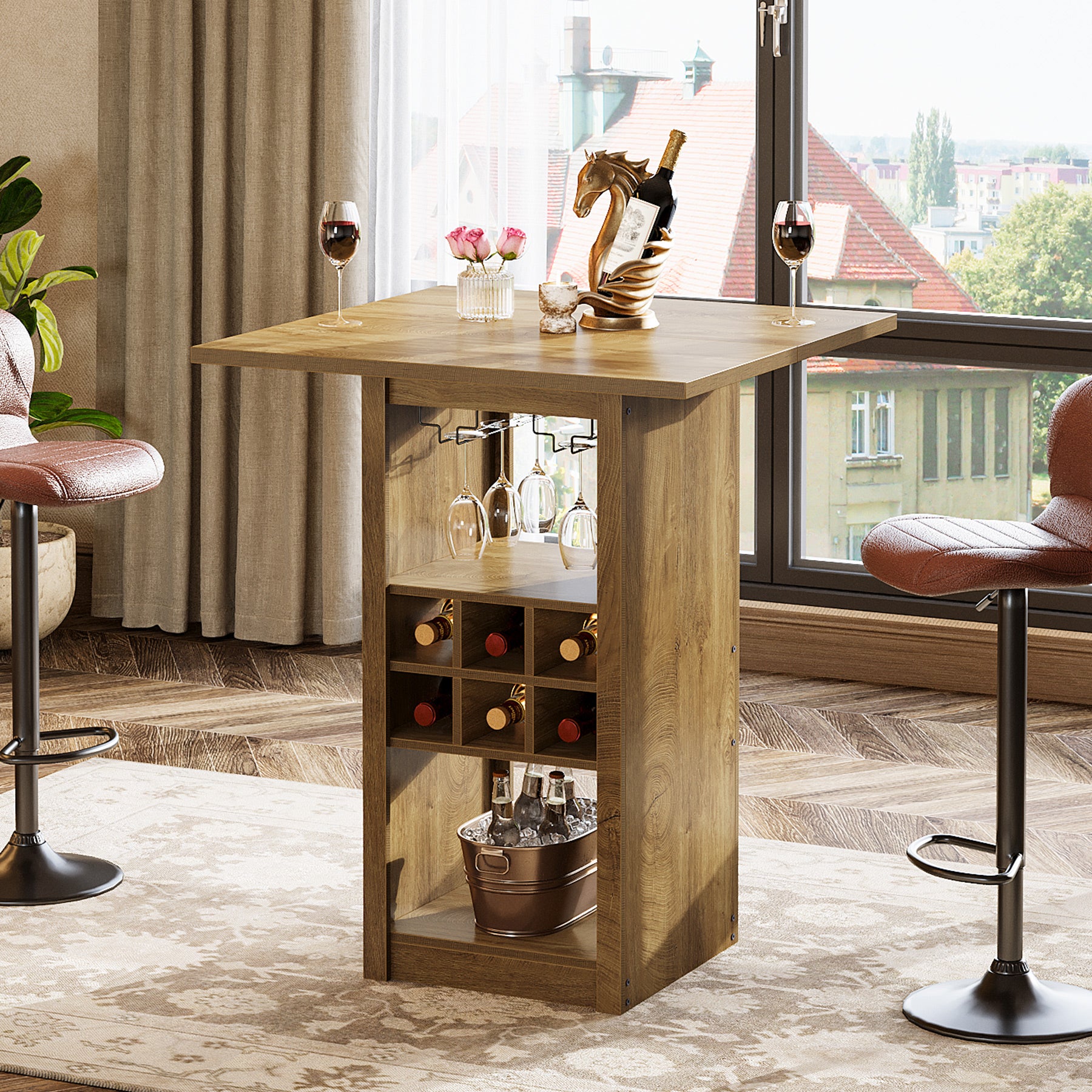 Tribesigns Bartafel 80 cm met 4-laags Opbergruimte, Hoog Bistro Meubel met Glashouders en Wijnrek