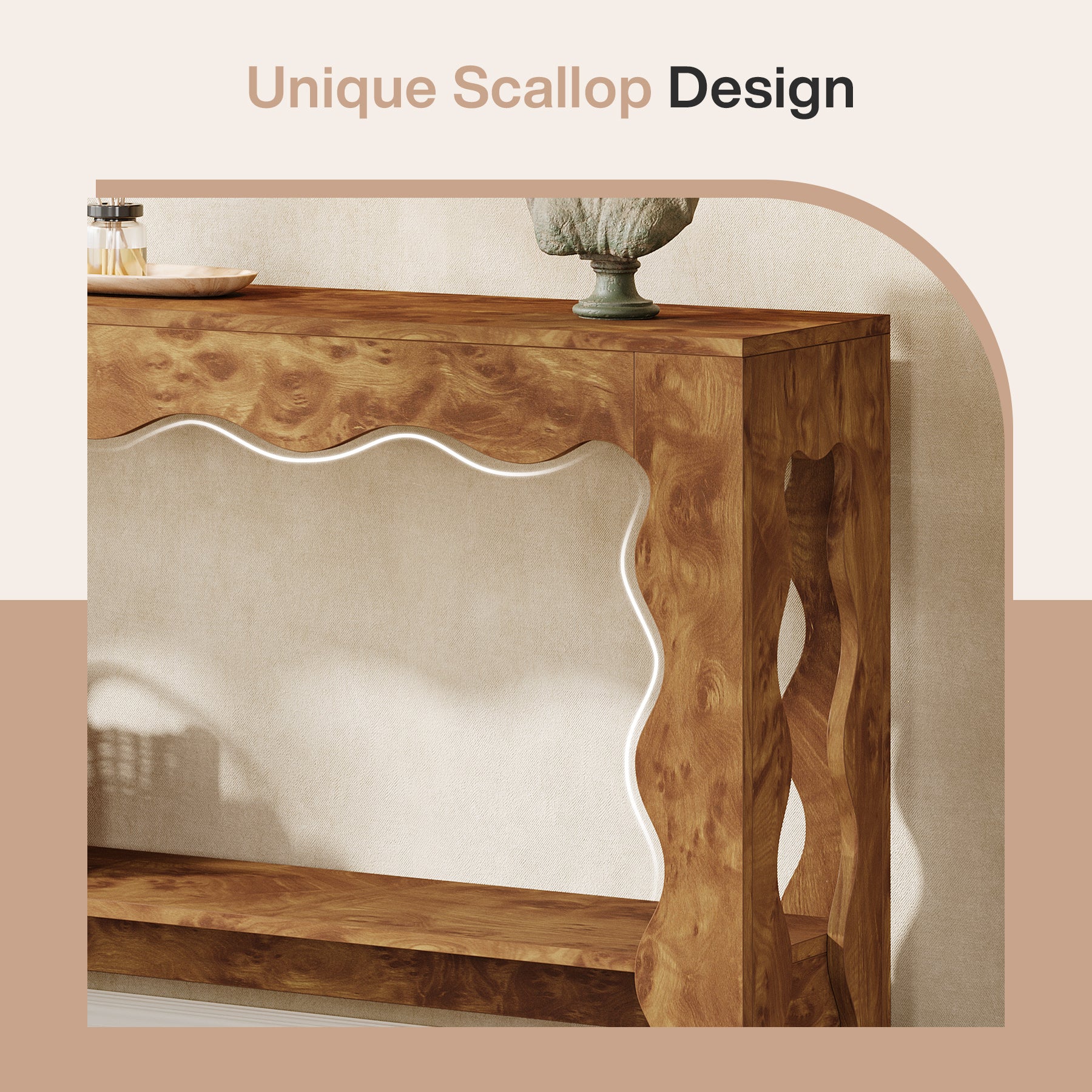 160 cm Moderne Landelijke Consoletafel met Golfrand, Smalle Haltafel met Opberdschap voor Woonkamer en Entree