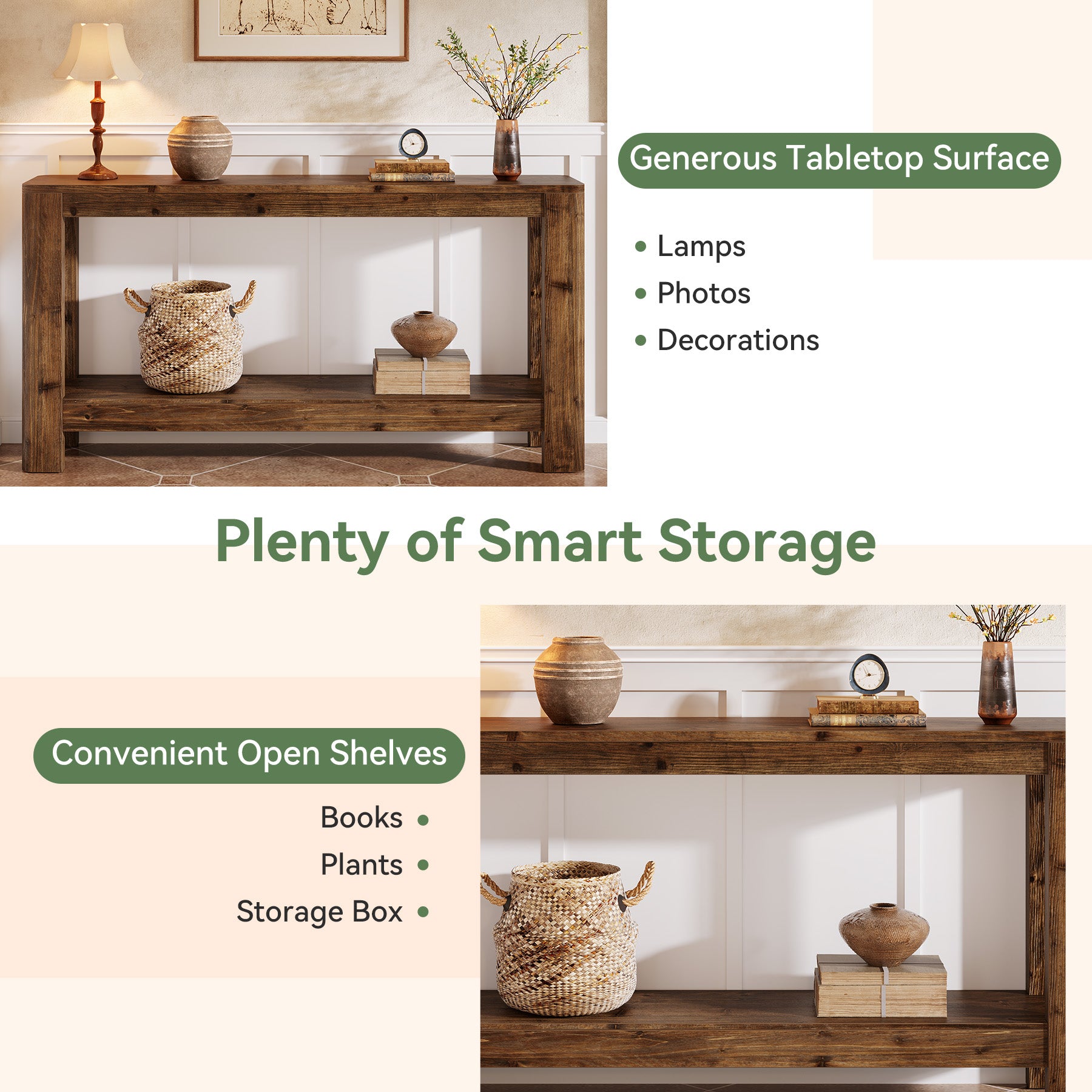 160 cm Massief Houten Consoletafel, Smalle Farmhouse Sidetable met Rek