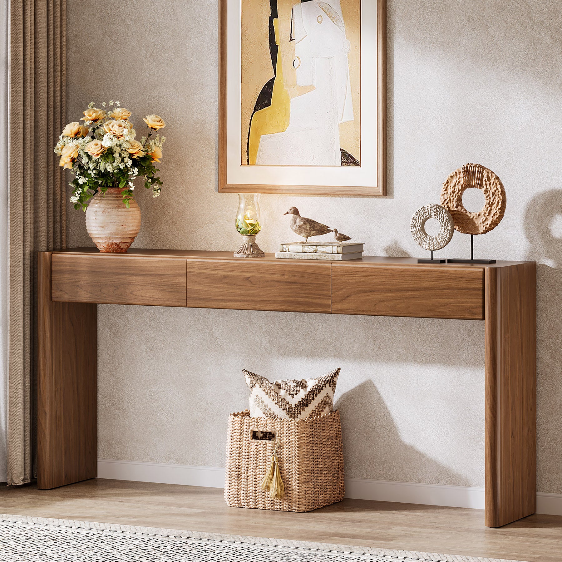 180 cm Landelijke Consoletafel met 3 Laden, Houten Haltafel met Opbergruimte