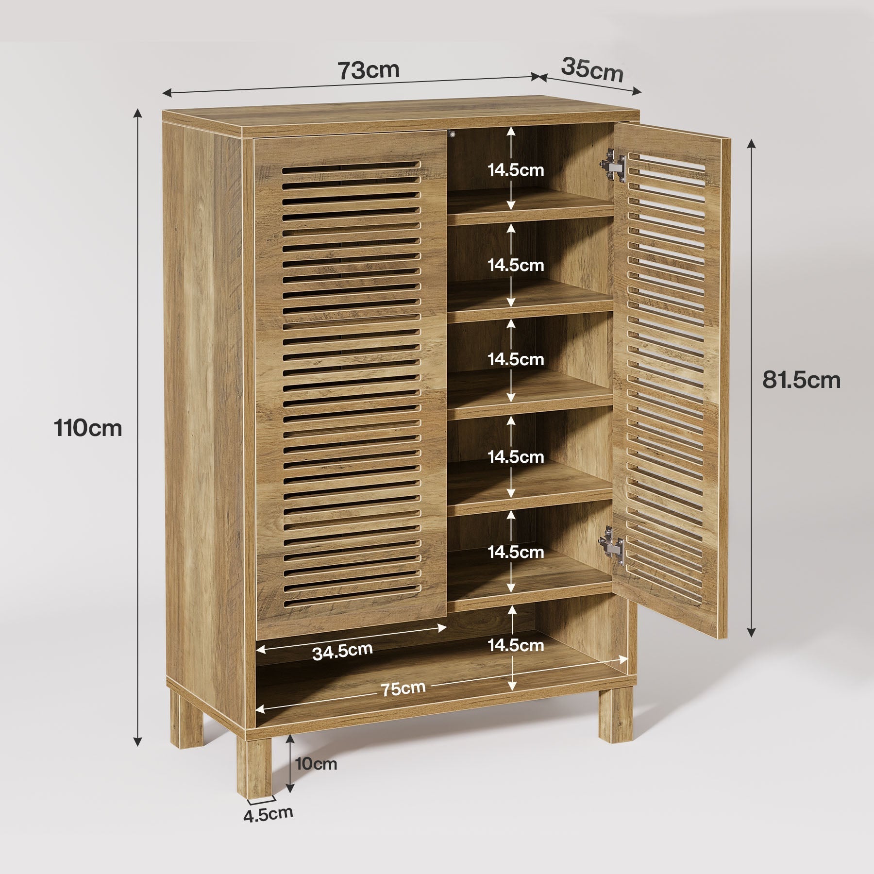 110 cm Schoenenkast, Landelijke Opbergkast met Zes Planken en Deuren voor Hal