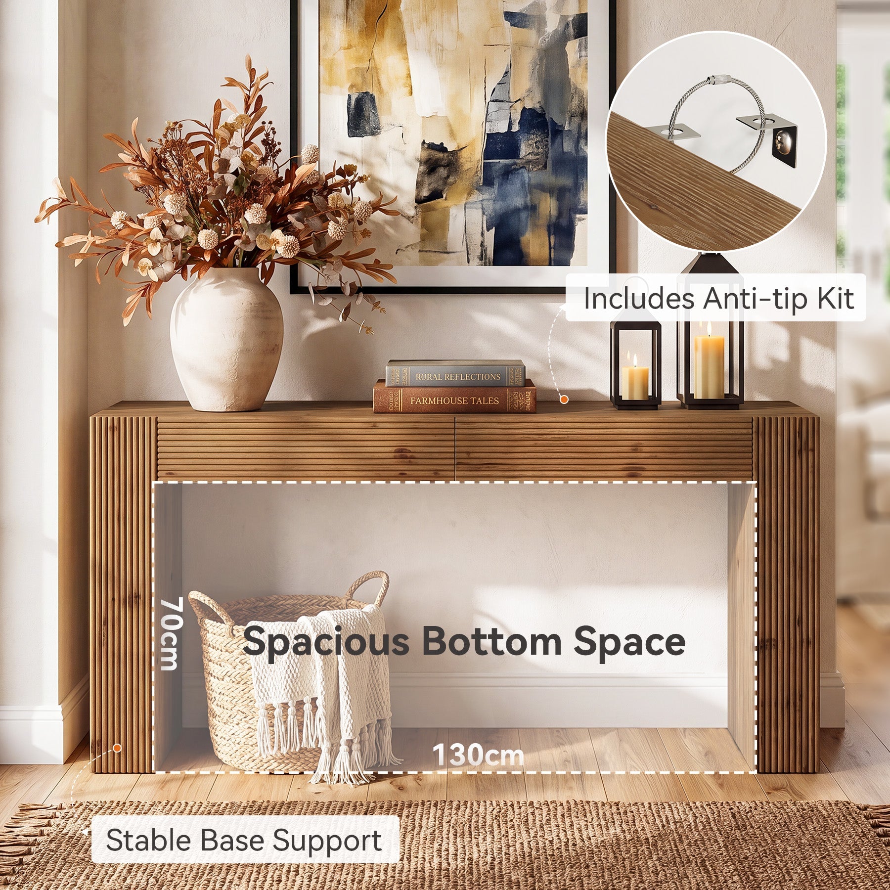 Tribesigns massief houten consoletafel van 160 cm met 2 lades, haltafel met geribbelde afwerking
