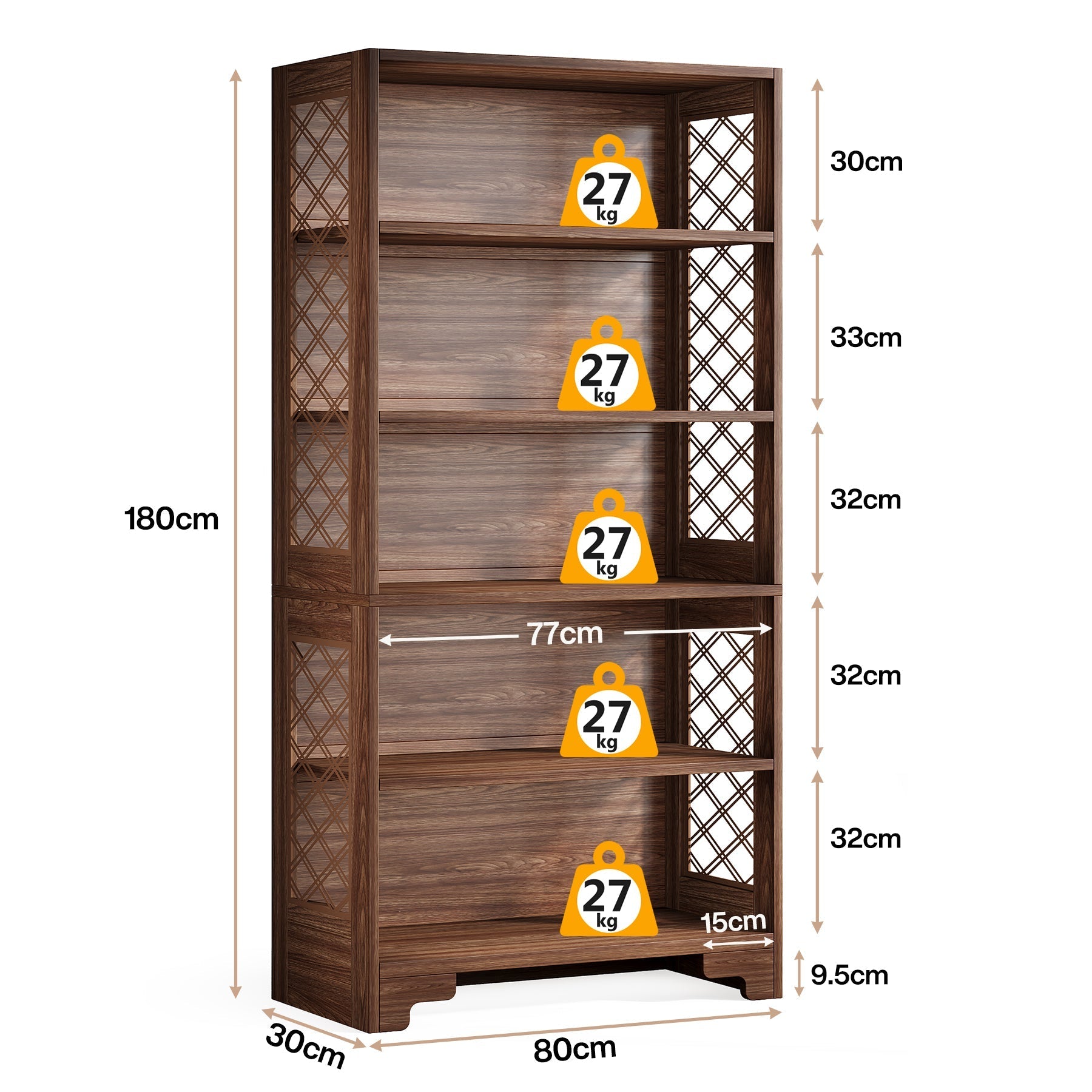 Hoge Boekenkast met Zes Planken, 180 cm Mid-Century Boekenkast voor Woonkamer
