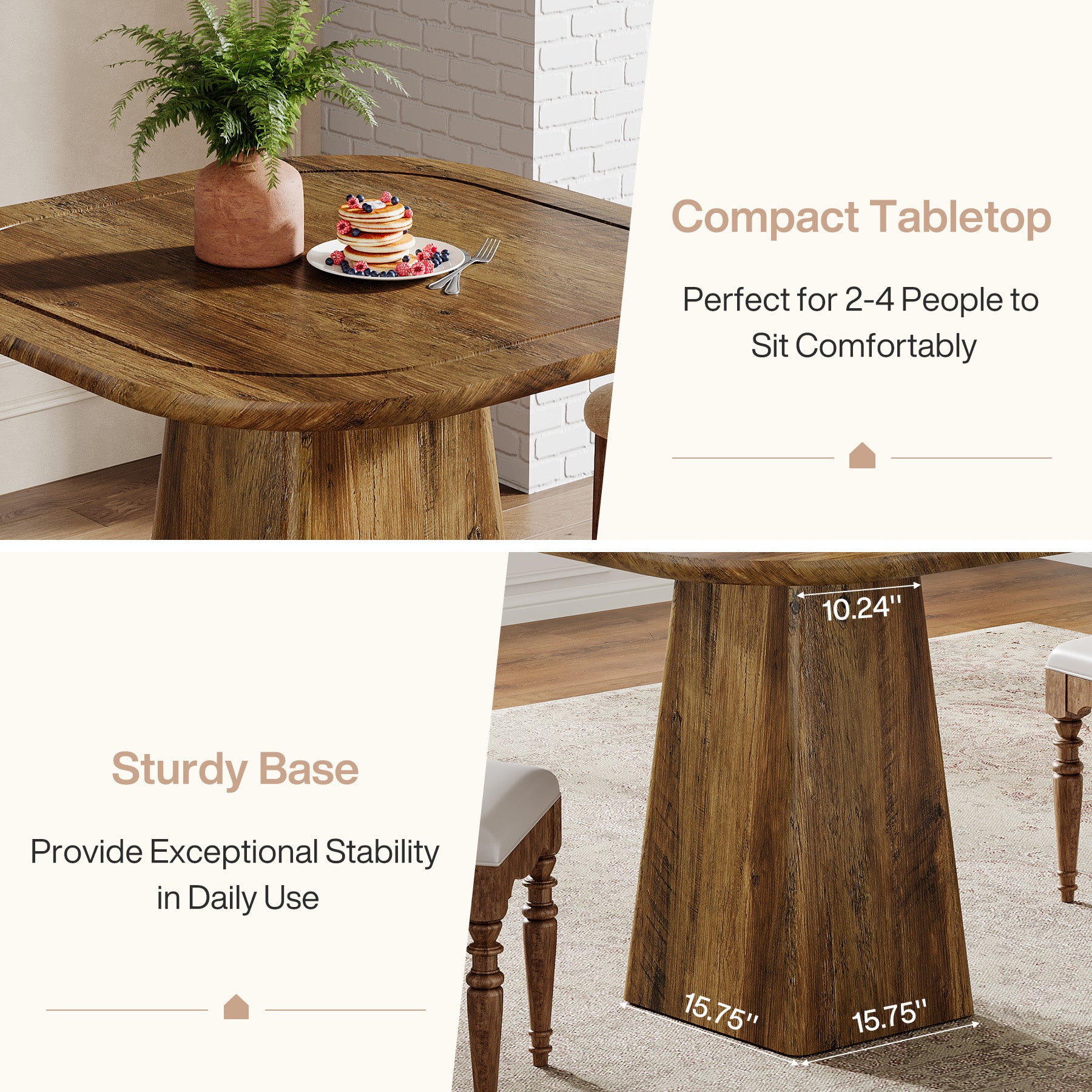 80 cm Vierkante Eettafel voor 2-4 Personen, Landelijke Keukentafel met Centrale Voet