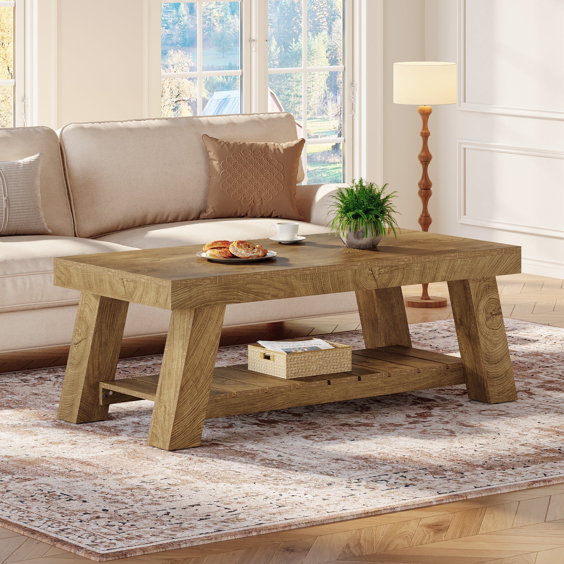 120 cm Rechthoekige Salontafel Boerderij Stijl, Met 2 Opbergplanken voor Woonkamer en Appartement