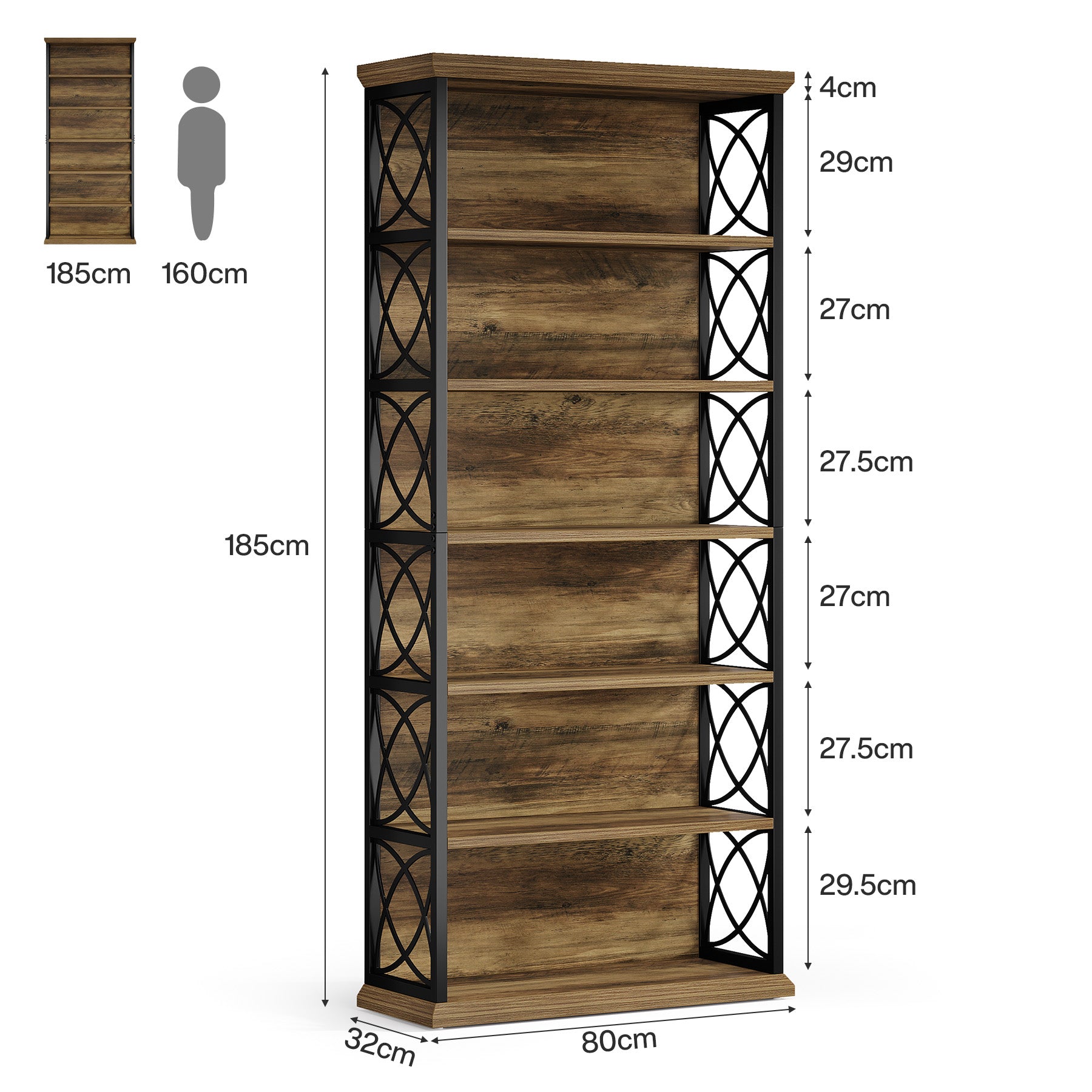 185 cm Hoge Industriële Boekenkast, 6 Planken Open Etagère in Hout en Metaal voor Woonkamer