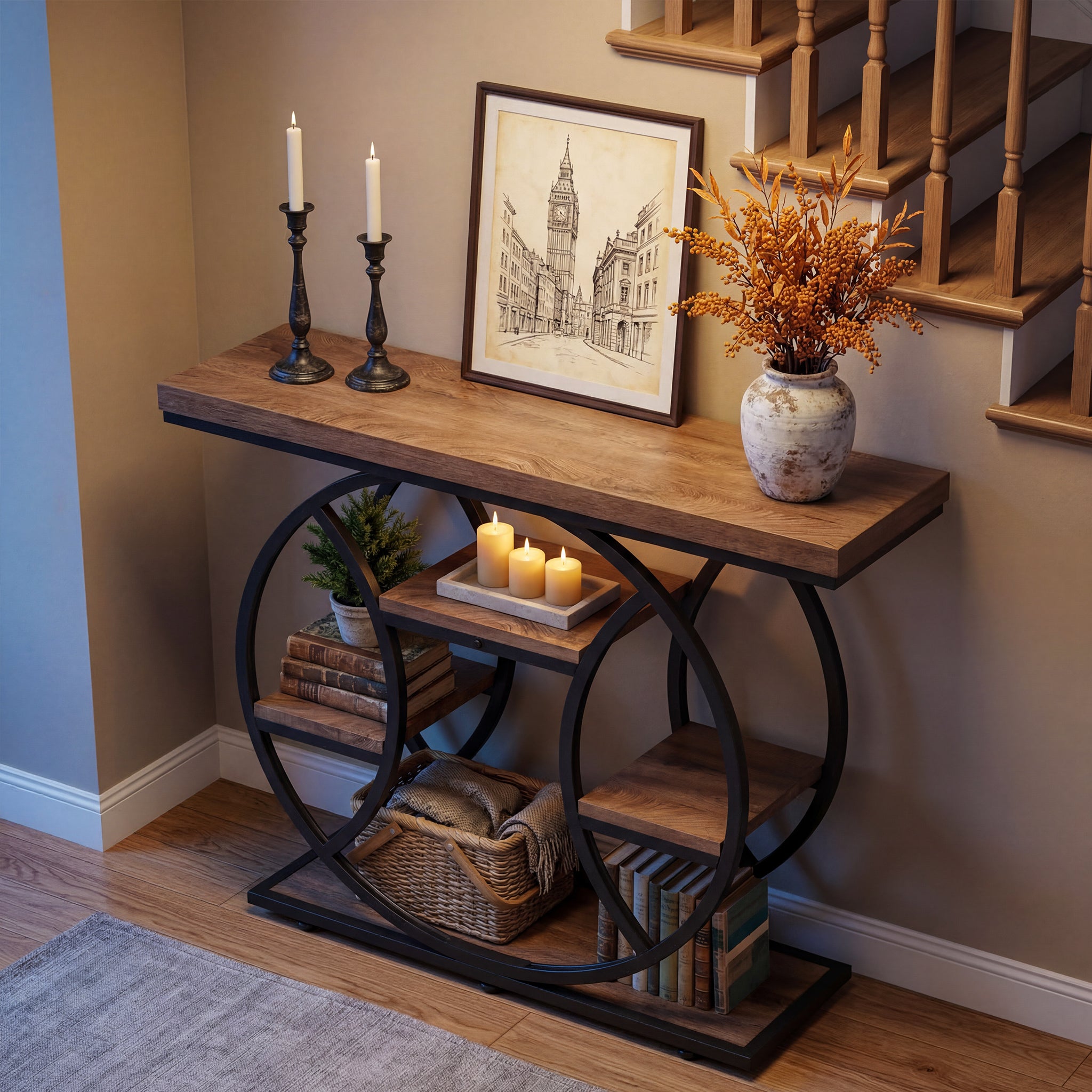 105 cm Tribesigns Consoletafel, 4-Laagse Sidetable met Rond Frame