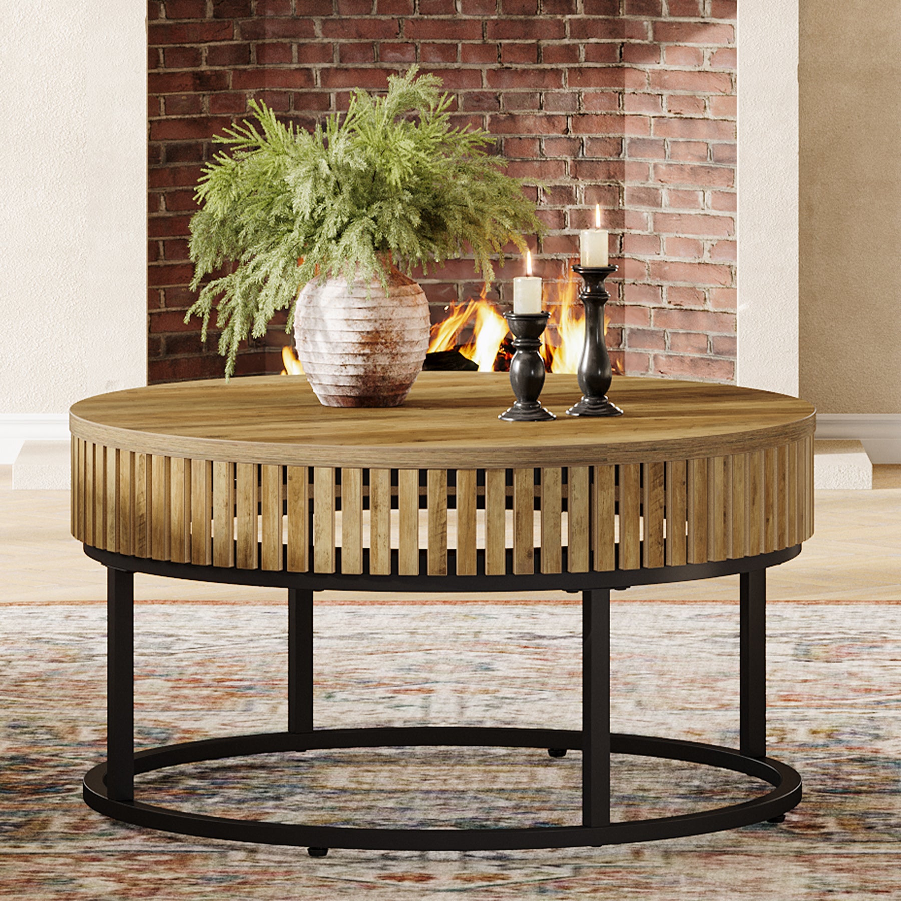 80 cm Ronde Salontafel van Hout, Moderne Industriële Koffietafel voor de Woonkamer