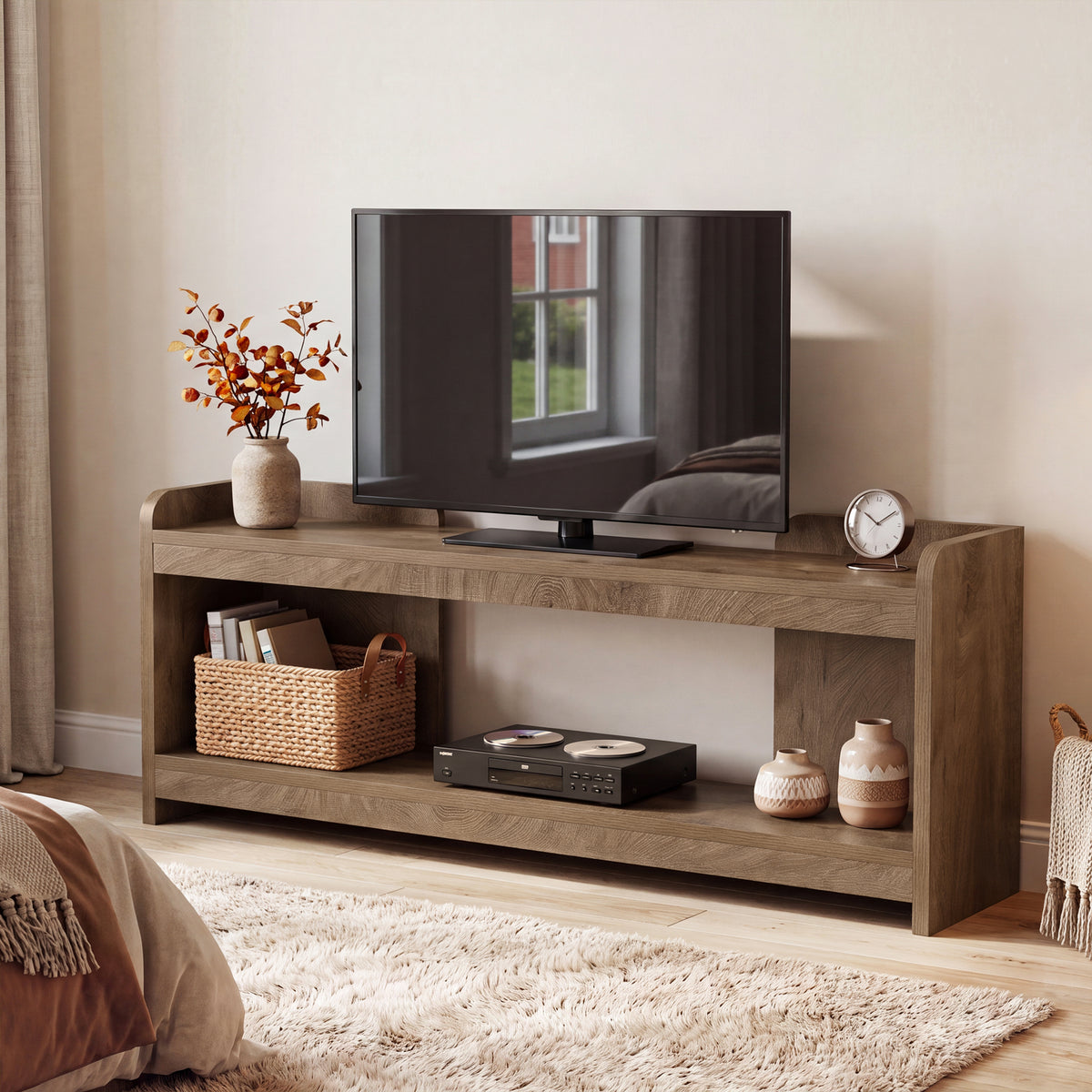 160 cm tv-meubel met 2-laags opbergrek voor 70 inch tv, open tv-kast met kabelbeheer voor woonkamer