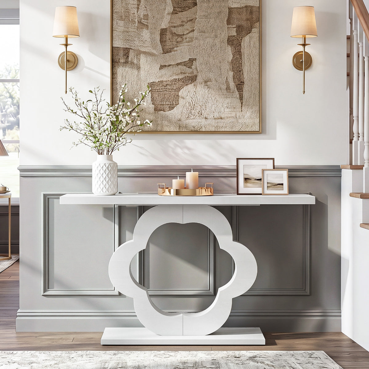 100 cm smalle consoletafel met hoogglans afwerking en modern bloemvormig frame, entree tafel voor hal en woonkamer