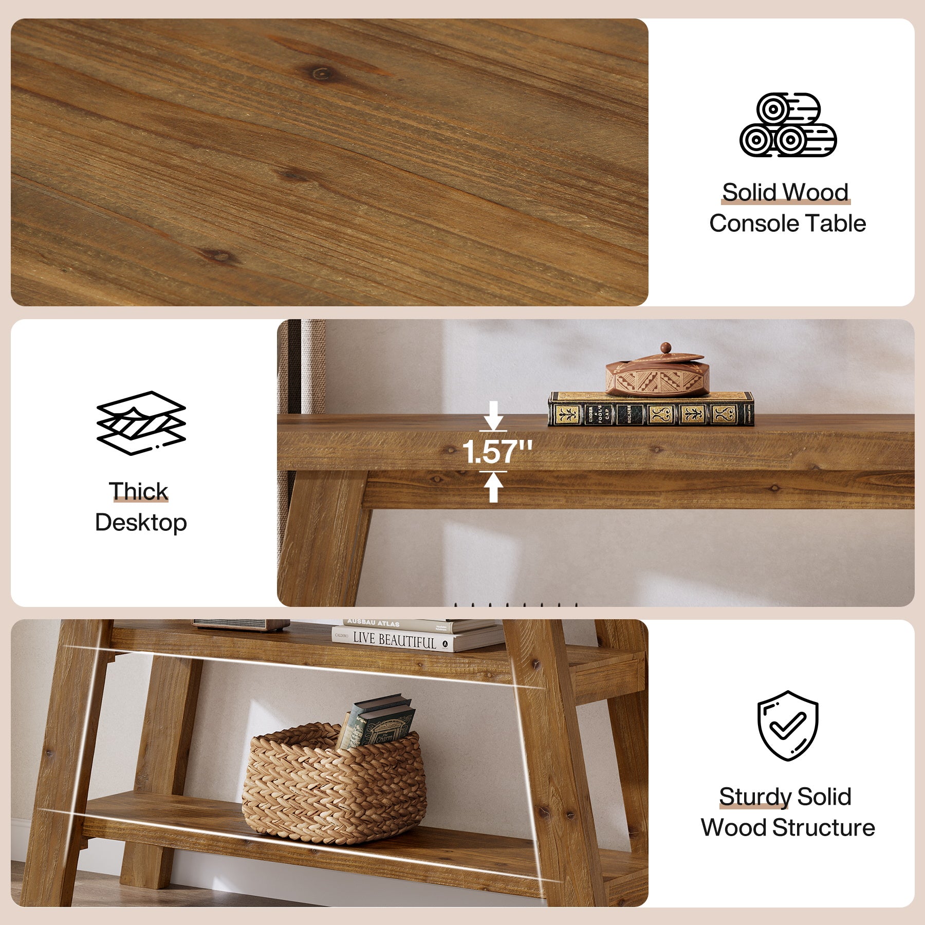 120 cm Tribesigns Massief Houten Consoletafel met 3 Niveaus, Smalle Boerderijstijl Entreetafel voor Hal en Woonkamer