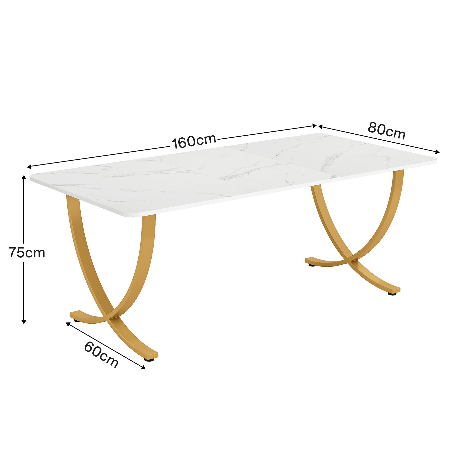 Moderne Tafel in Wit en Goud, Ruime en Stabiele Eettafel voor 4-6 Personen