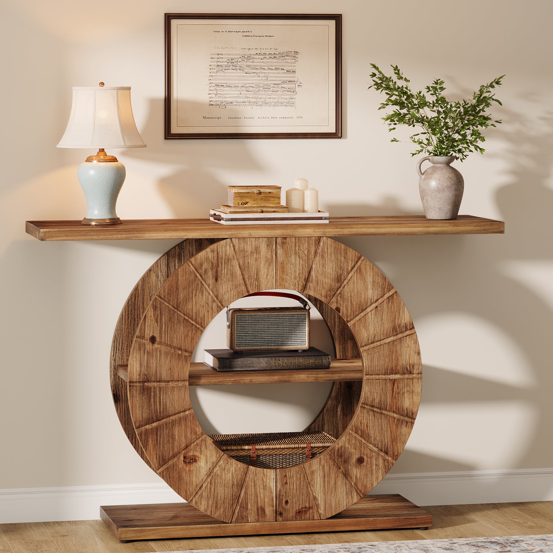 105 cm Massief Houten Consoletafel met 3 Planken en Ronde Basis