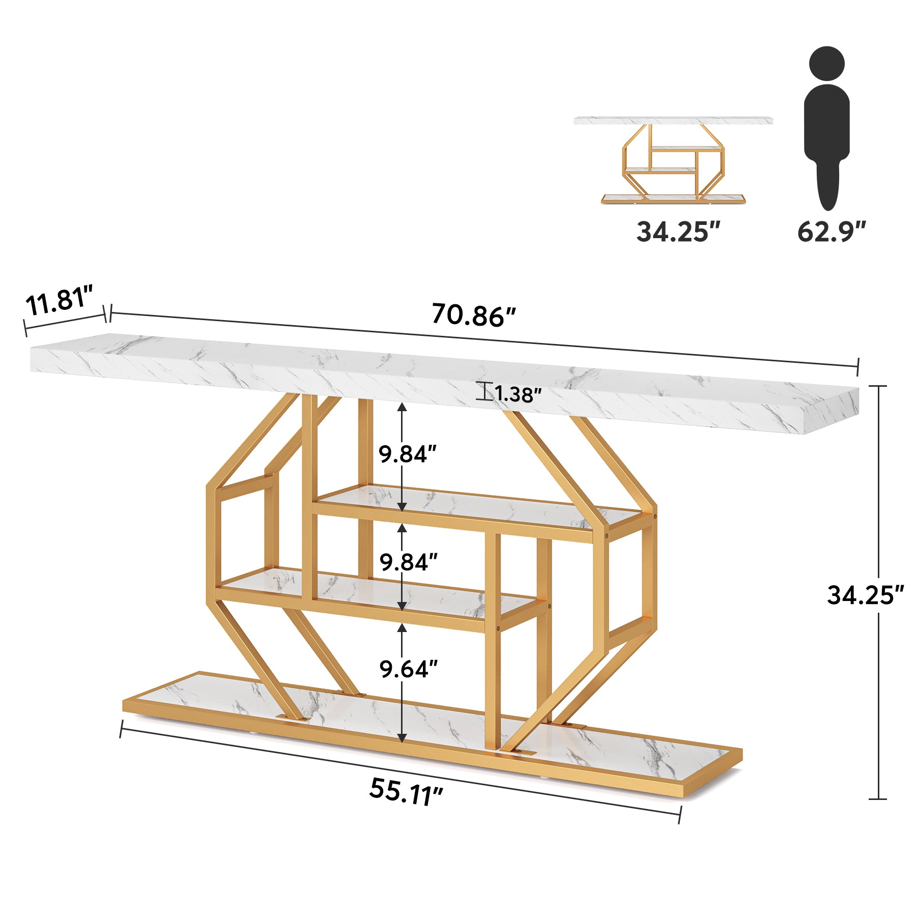 Tribesigns 180 cm Extra Lange Consoletafel, Moderne Gouden Salontafel met Opslag voor Woonkamer