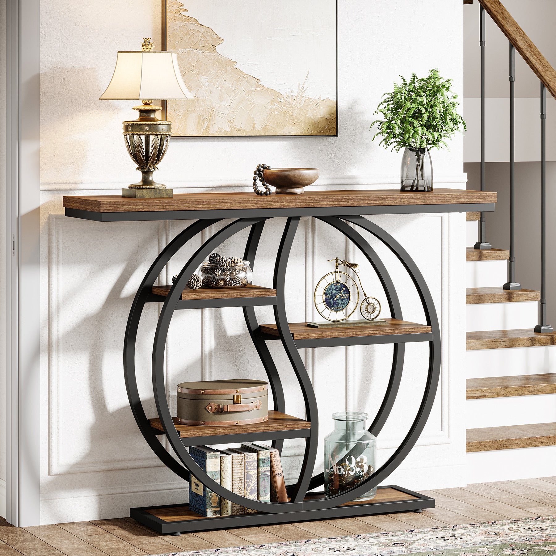 Consoletafel van 120 cm met 5 Lagen in Rustiek Bruin, Smalle Industriële Houten Hal- en Banktafel met Metalen Frame