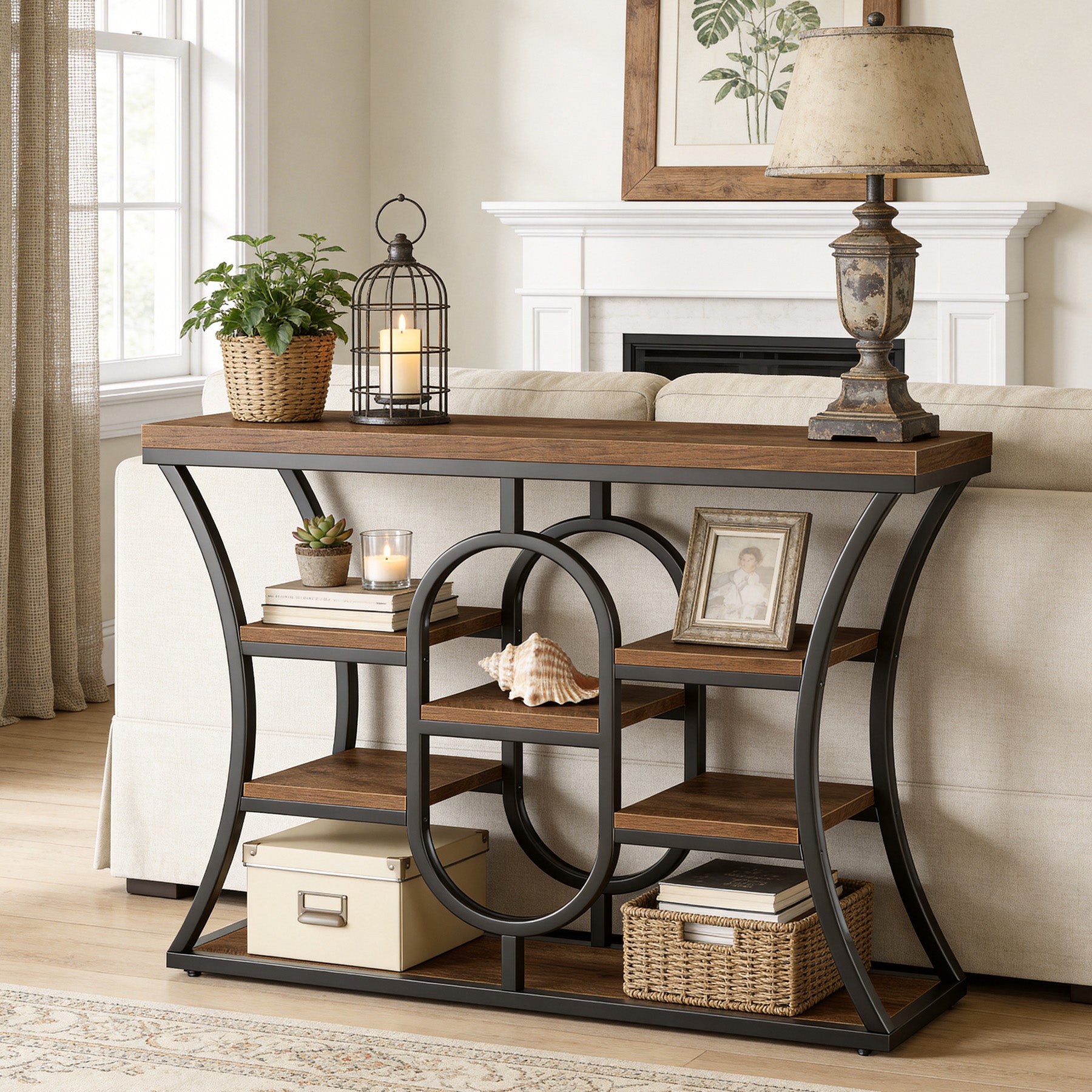 105 cm Smalle Consoletafel met Opbergrekken, Industriële Entreetafel voor Hal Woonkamer Achter Bank