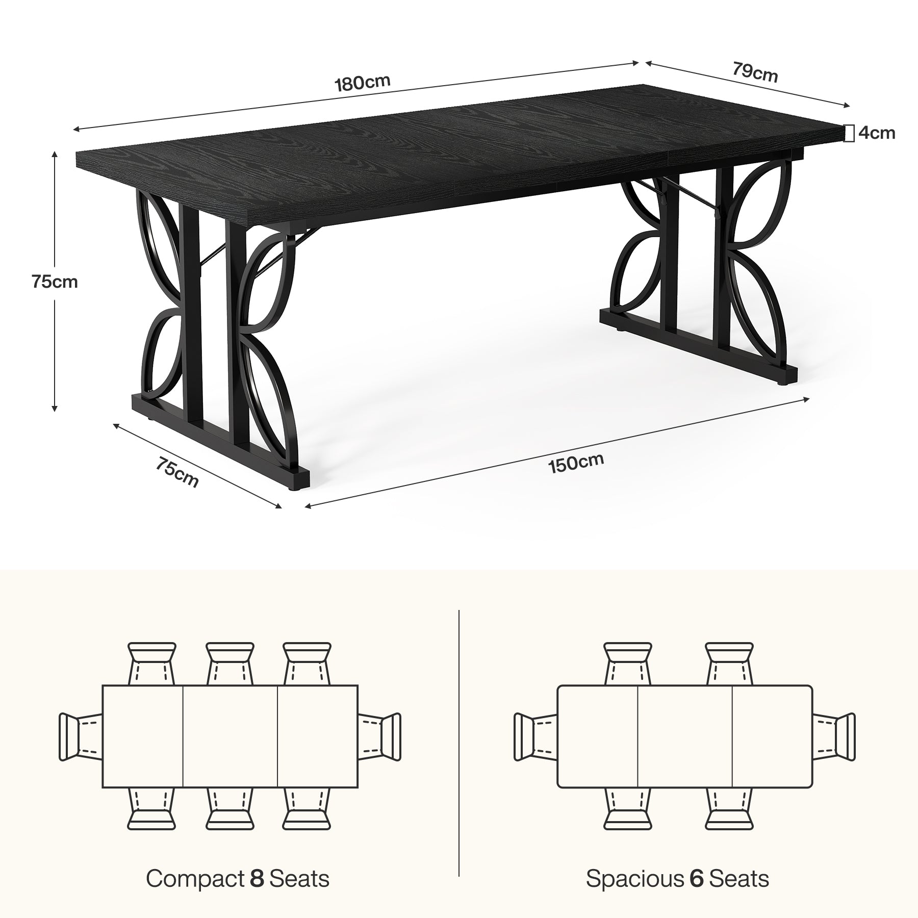 180 cm industriële Rechthoekige Eettafel, Keukentafel met Metalen Onderstel in Bruin