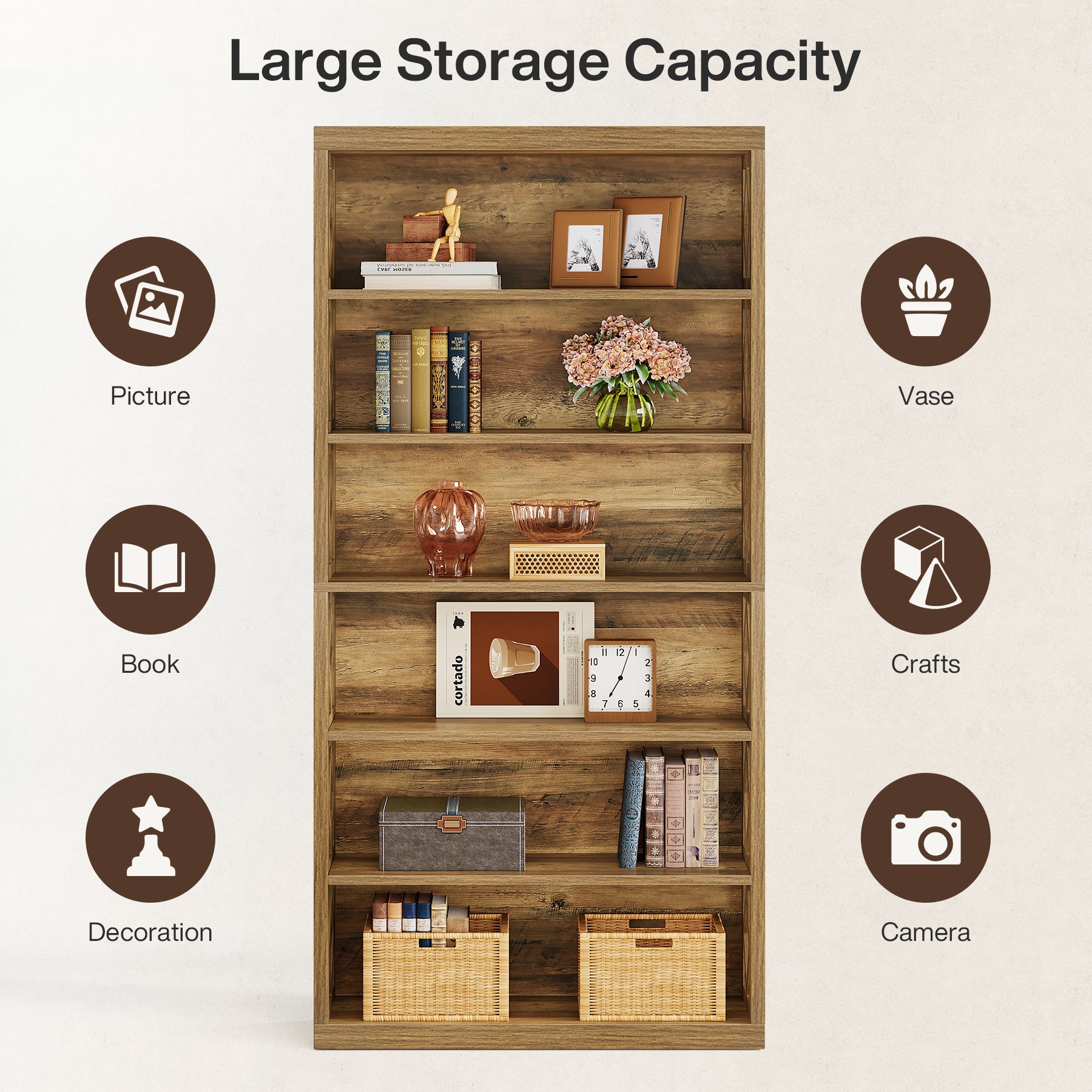 190 cm Tribesigns Hoge Boekenkast met 7 Niveaus, Industrieel Open Opbergrek voor Woonkamer en Kantoor