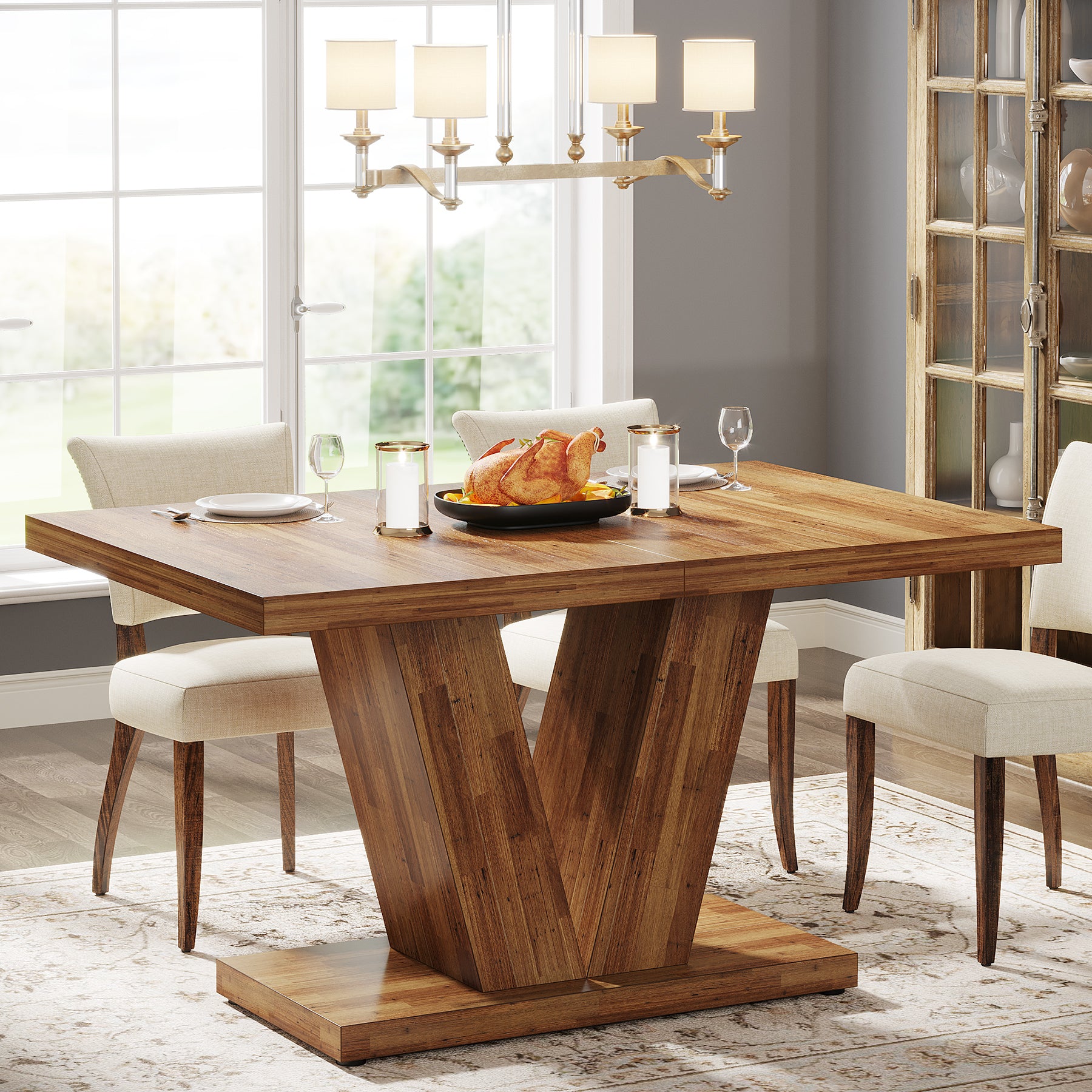 Witte Eettafel voor Vier Personen, 120 cm Landelijke Tafel met Zware Sokkel