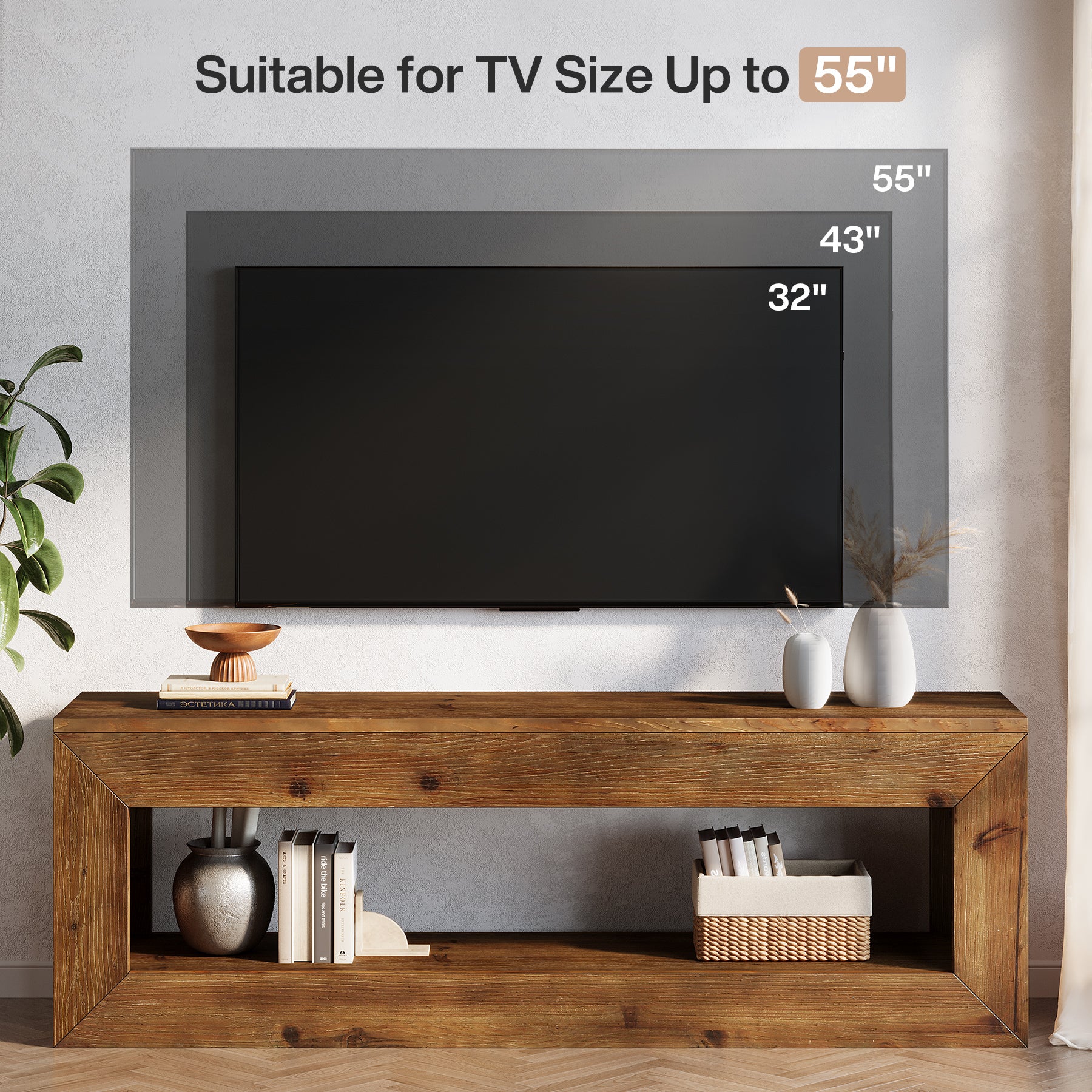 120 cm Tribesigns massief houten tv-meubel met opbergruimte, landelijke lage mediakast voor woonkamer en slaapkamer