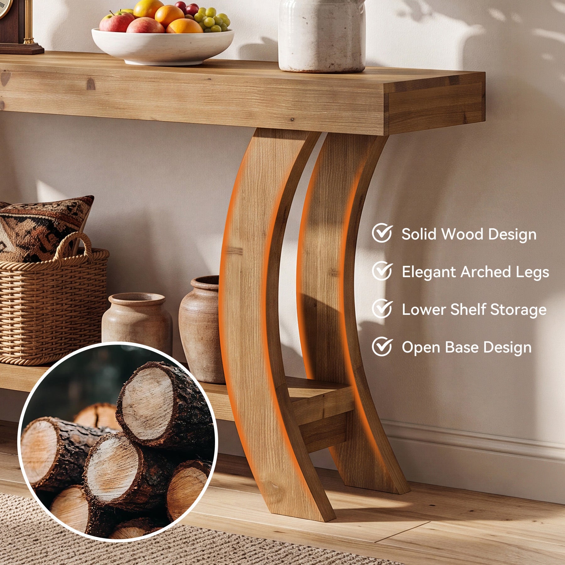 Tribesigns massief houten consoletafel 160 cm, haltafel met opbergruimte en gebogen boogvormig frame