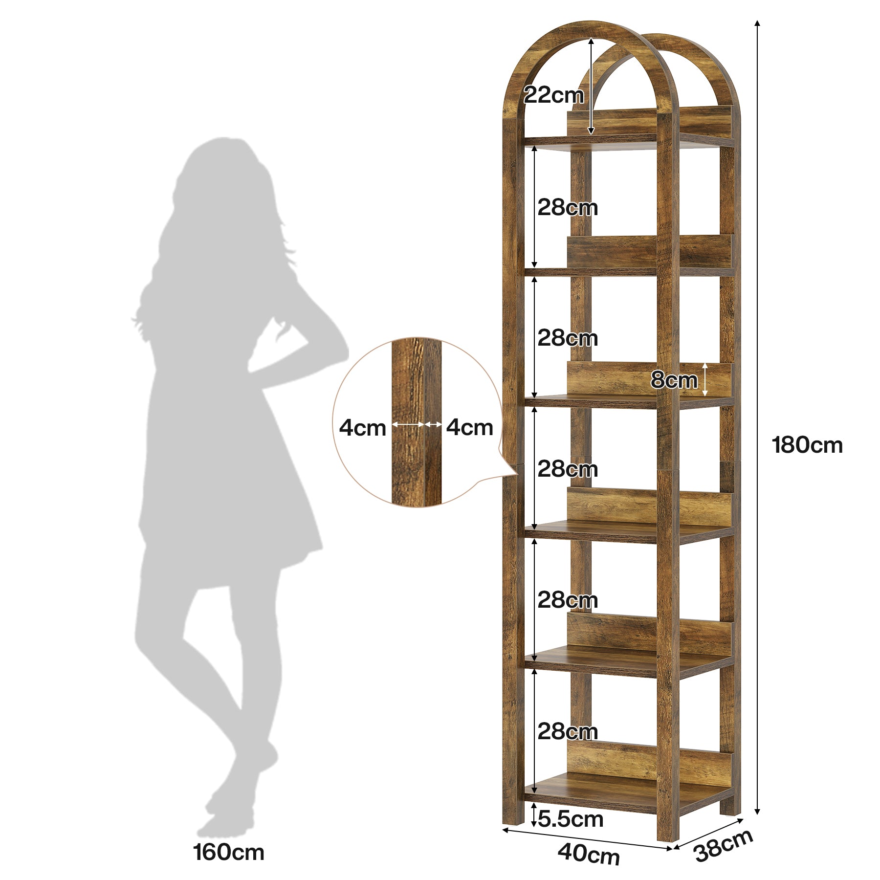 Smal Boekenrek van 180 cm met 6 Lagen in Rustiek Bruin