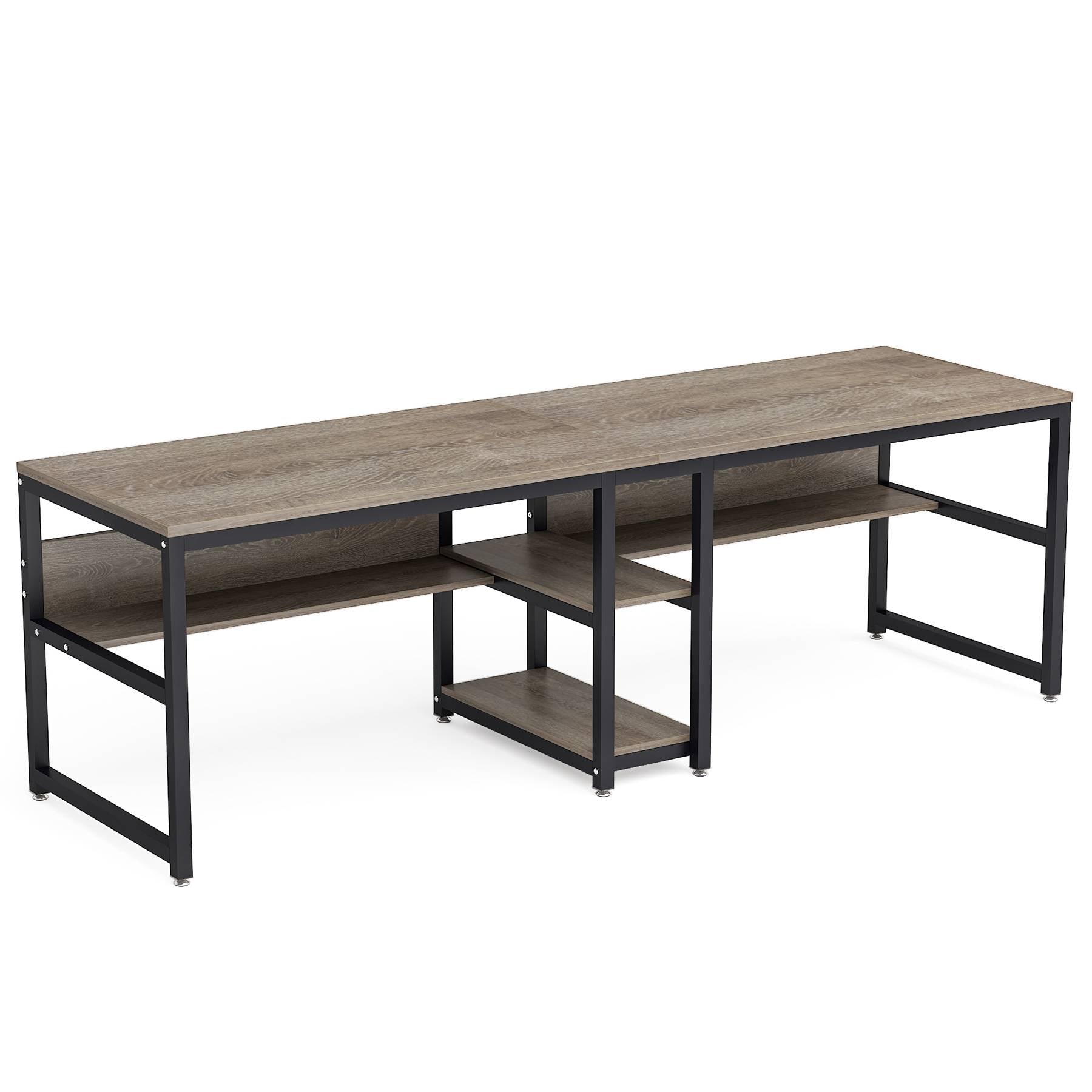 200 cm breed Tweepersoons Bureau, Met Geïntegreerde Boekenplank in Rustieke Zwarte Uitvoering voor Thuiskantoor