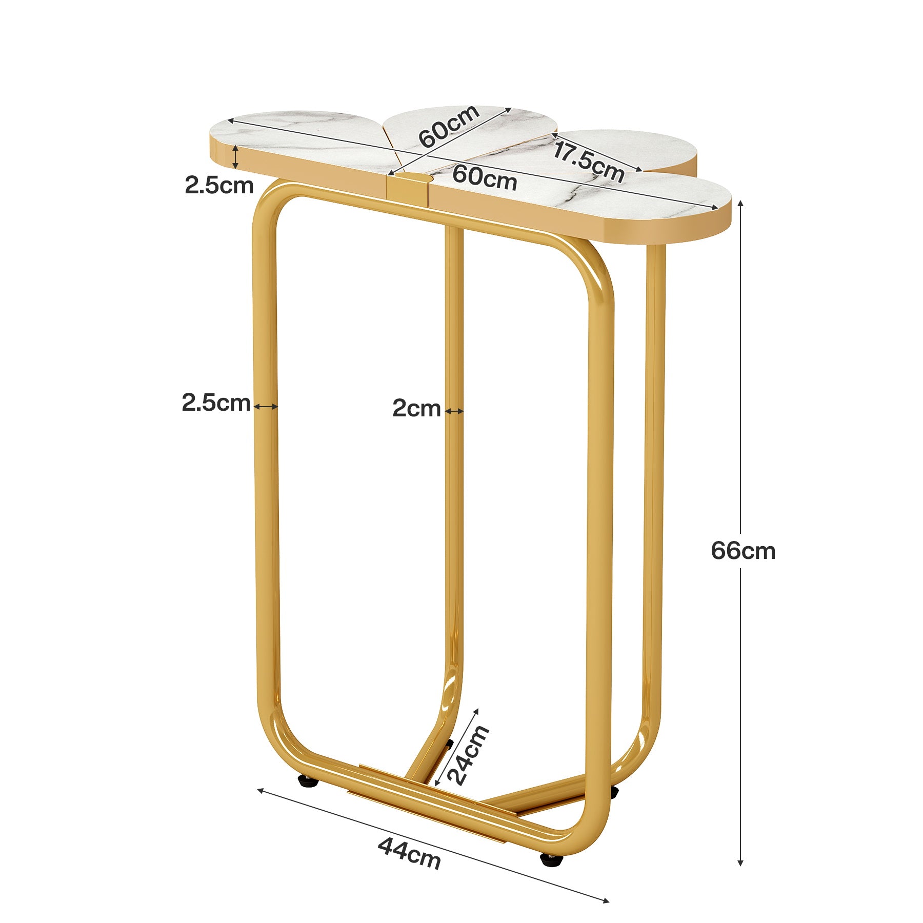 66 cm Smalle Bijzettafel, Halfronde Nachtkastje met Gouden Frame en Marmer Print