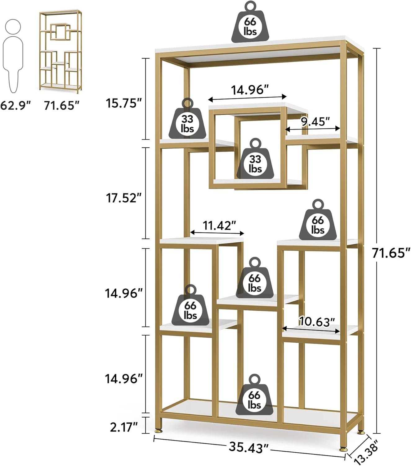 180 cm Tribesigns Hoge Boekenkast in Goud, Moderne Vrijstaande Boekenkast met 11 Open Vakken