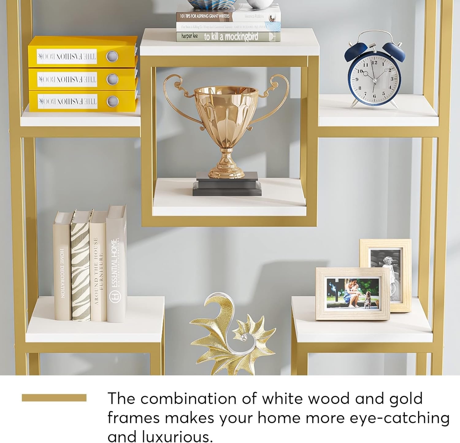 180 cm Tribesigns Hoge Boekenkast in Goud, Moderne Vrijstaande Boekenkast met 11 Open Vakken