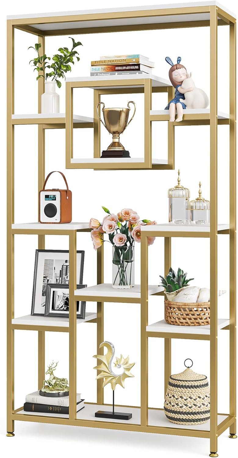 180 cm Tribesigns Hoge Boekenkast in Goud, Moderne Vrijstaande Boekenkast met 11 Open Vakken