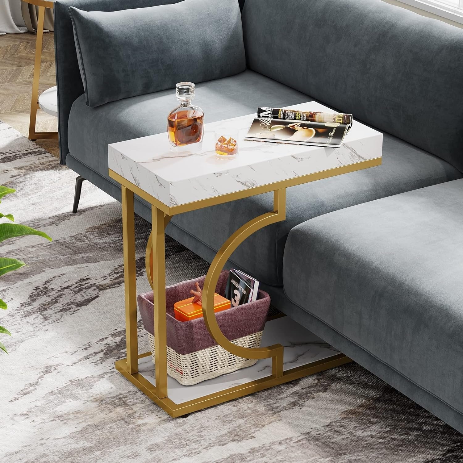Smalle Bijzettafel, Wit en Gouden C-vormige Einde Tafel met Metaal Frame