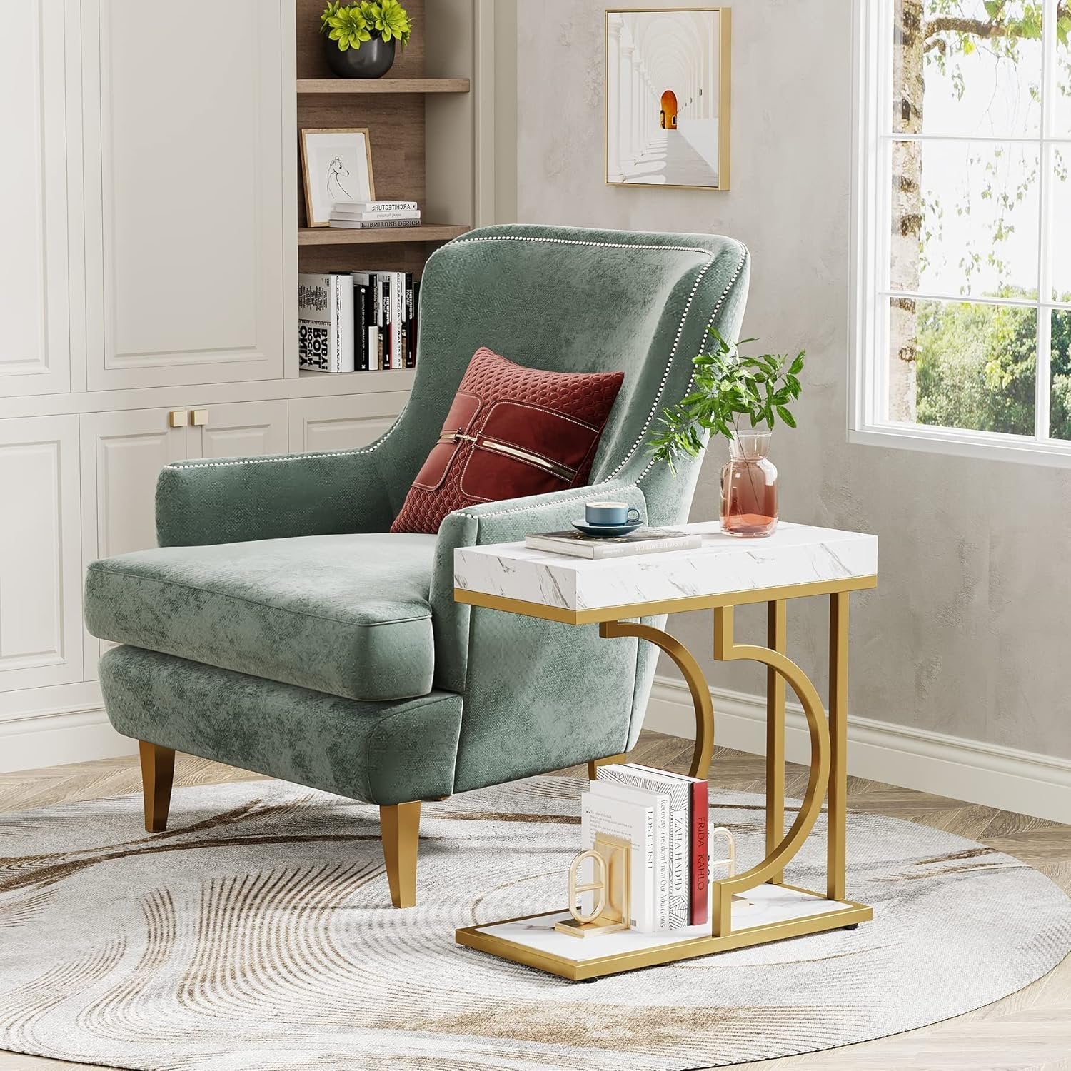 Smalle Bijzettafel, Wit en Gouden C-vormige Einde Tafel met Metaal Frame