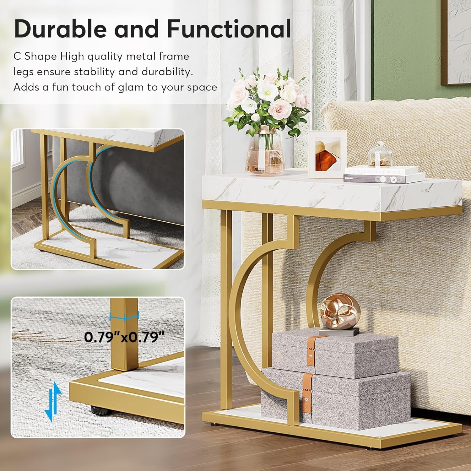 Smalle Bijzettafel, Wit en Gouden C-vormige Einde Tafel met Metaal Frame