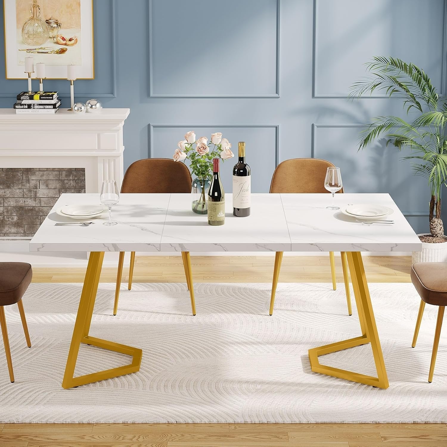 140 cm Tribesigns Moderne Eettafel in Wit, Rechthoekige Eettafel met Gouden Metalen Poten voor 6 Personen