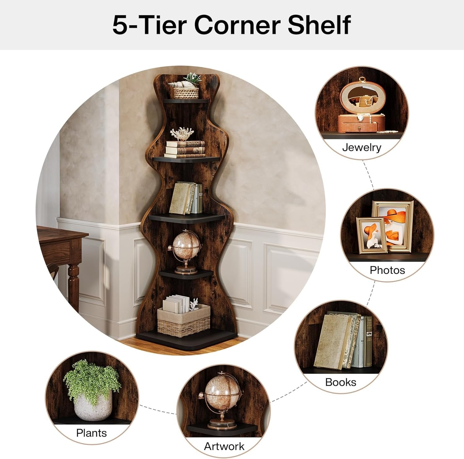 Tribesigns 5-Laagse Hoekboekenkast van 175 cm Hoog, Vrijstaande Houten Hoekplank voor Opbergen en Decoratie