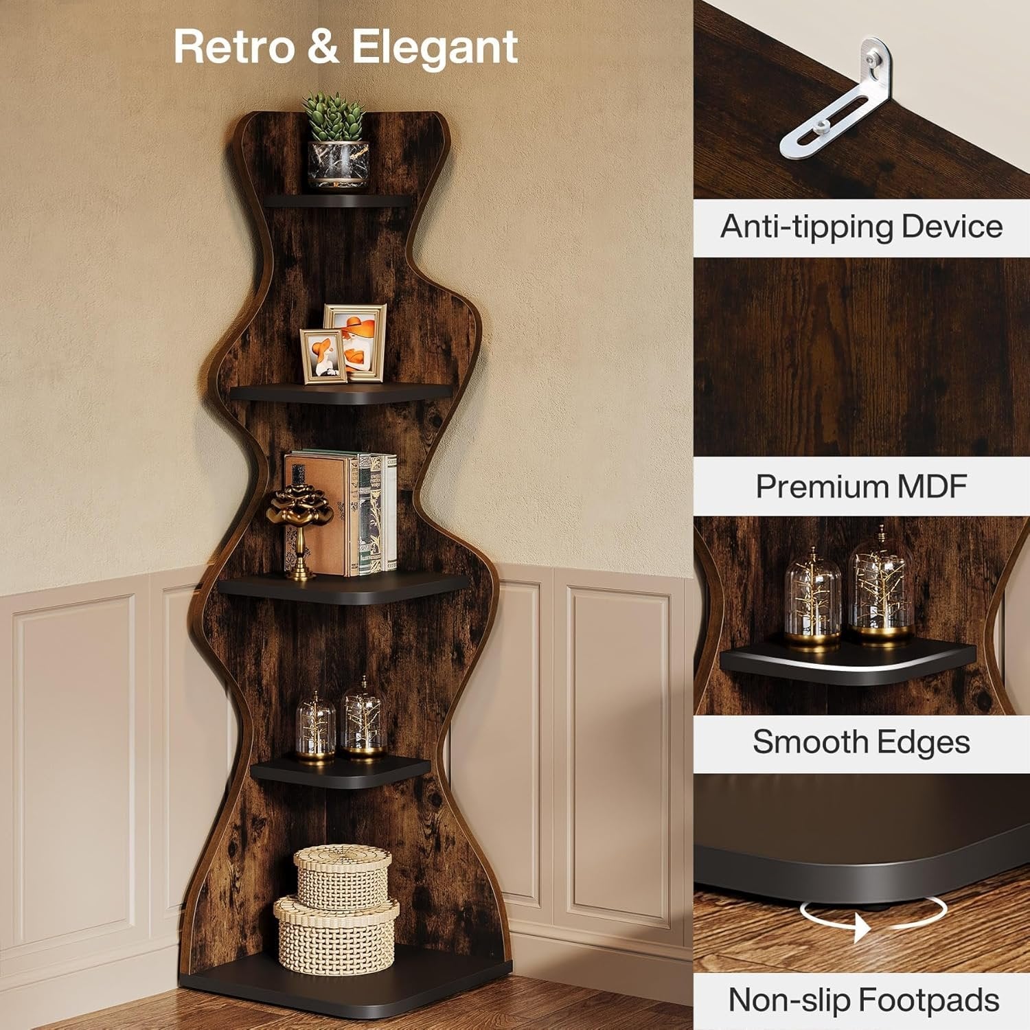 Tribesigns 5-Laagse Hoekboekenkast van 175 cm Hoog, Vrijstaande Houten Hoekplank voor Opbergen en Decoratie