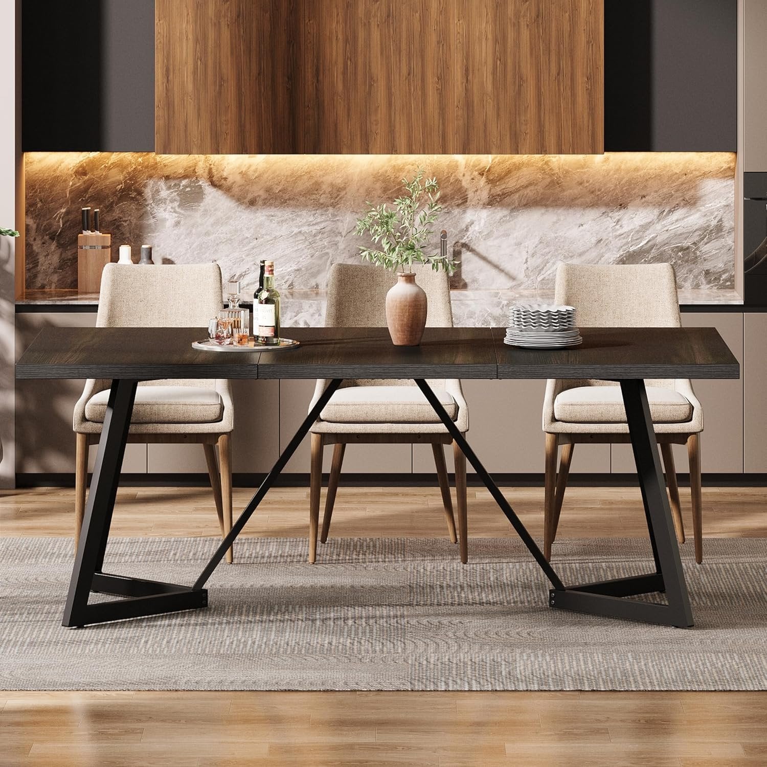 180 cm Grote Eettafel voor 6-8 Personen, Moderne Tafel met Metalen Frame voor de Eetkamer