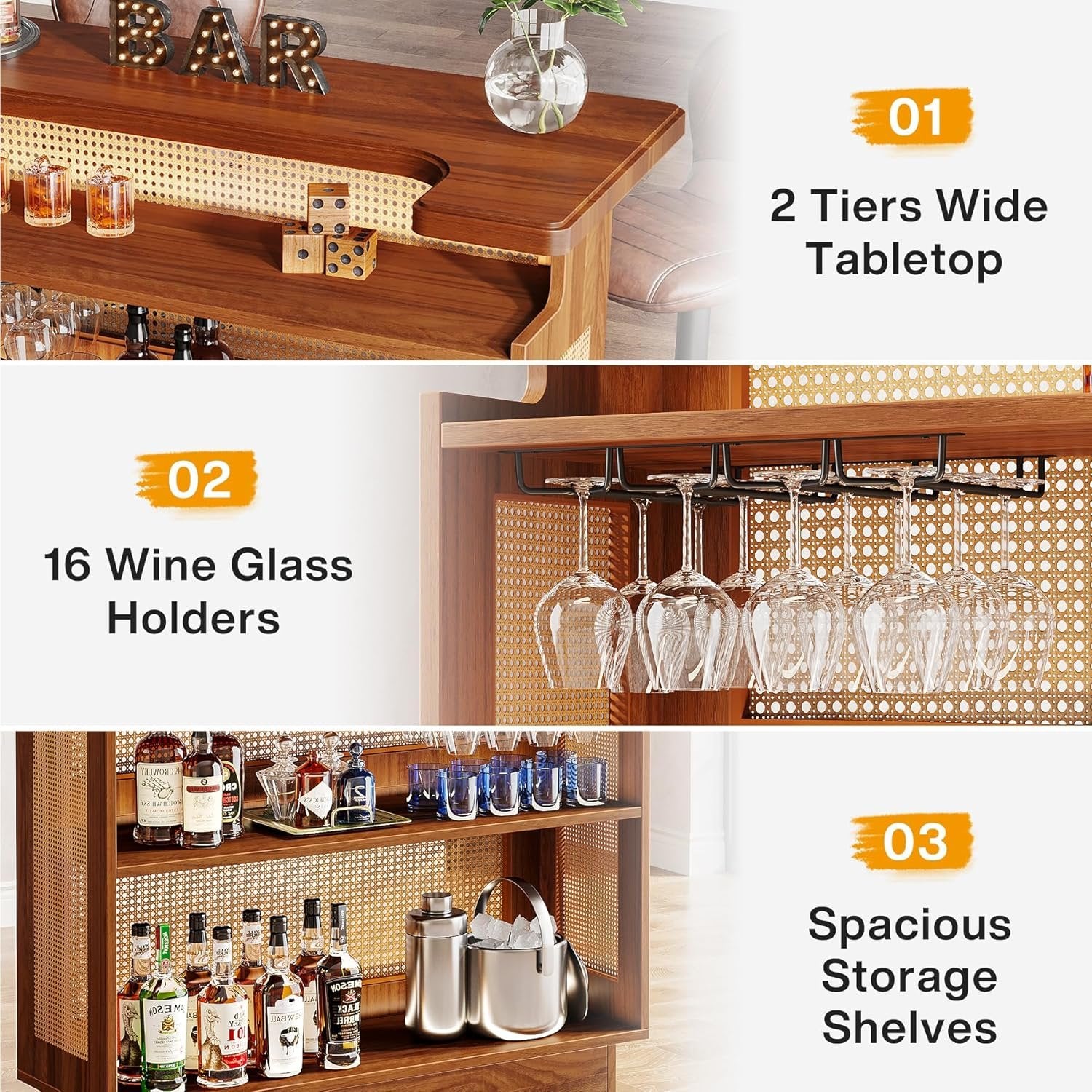 120 cm Landelijke Baropbergkast met 4 Lagen en Rotanaccent, Compacte Thuisbar met Wijnglas- en Flessenhouders