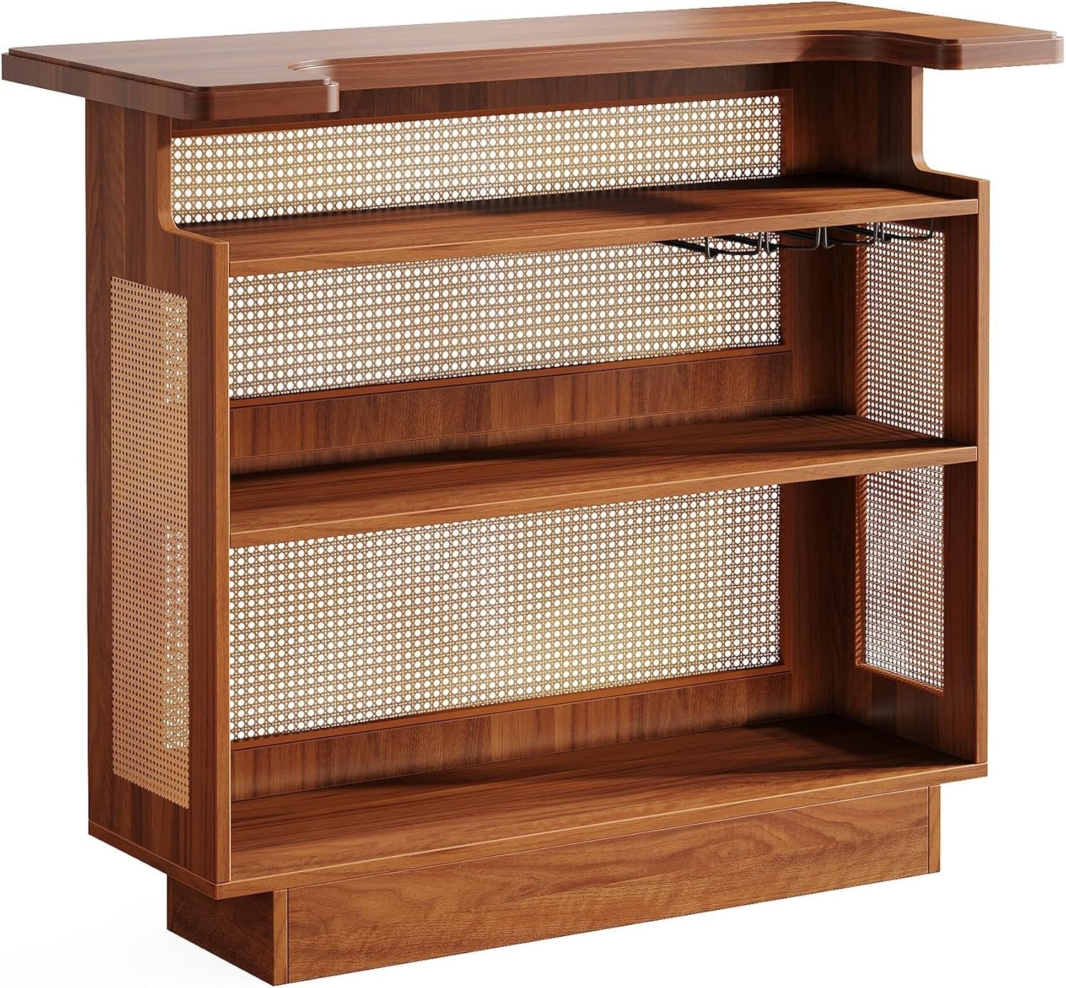 120 cm Landelijke Baropbergkast met 4 Lagen en Rotanaccent, Compacte Thuisbar met Wijnglas- en Flessenhouders