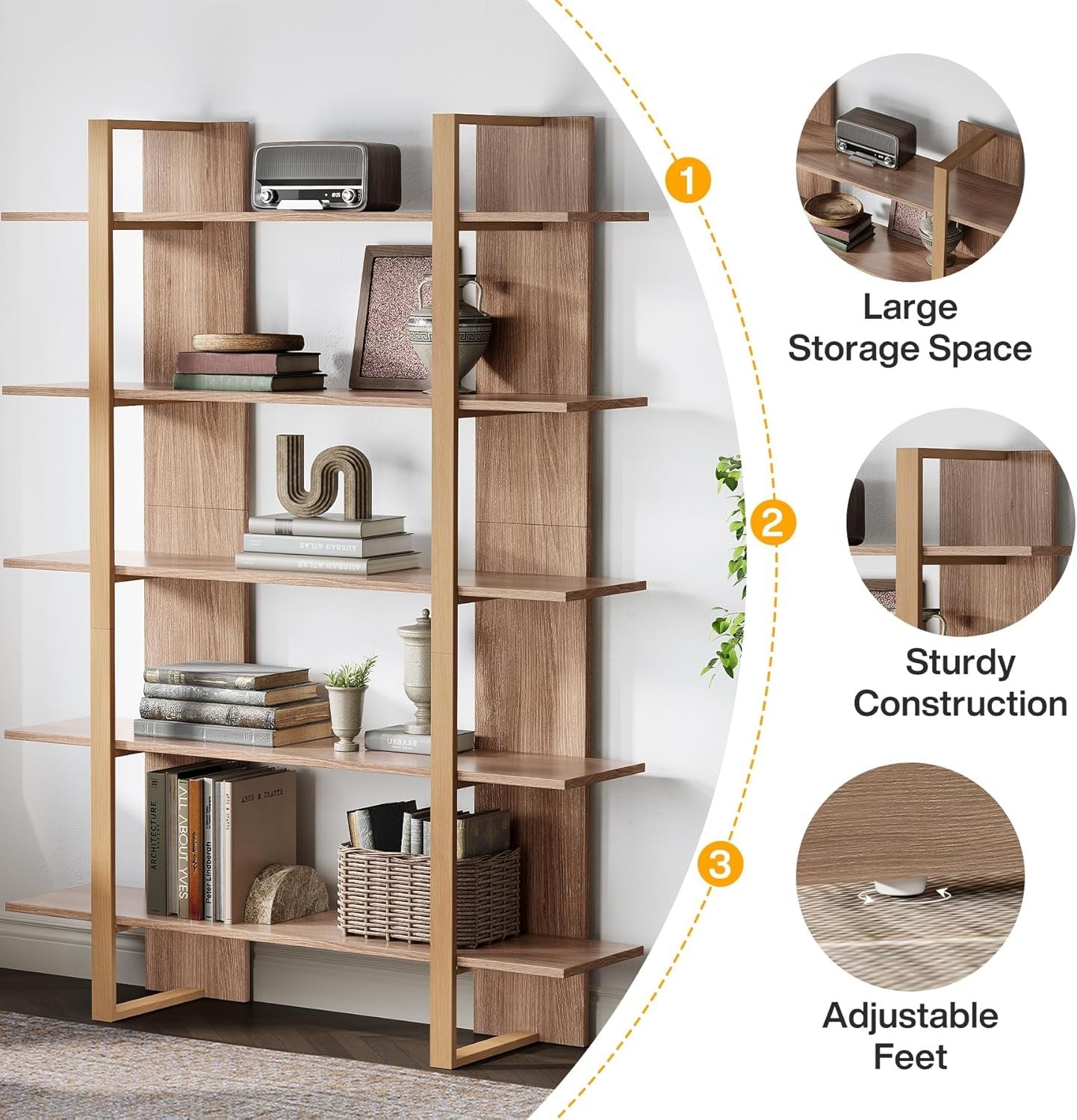 180 cm Tribesigns Boekenkast, 5-Lags Boho Boekenplank in Retro Bruin