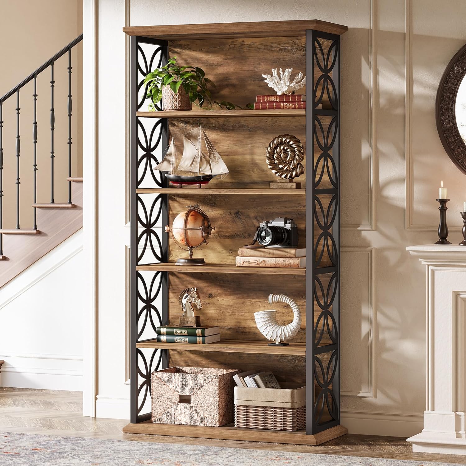 180 cm Industriële Boekenkast, 6 Open Rekken met Metaal Frame voor Elke Ruimte
