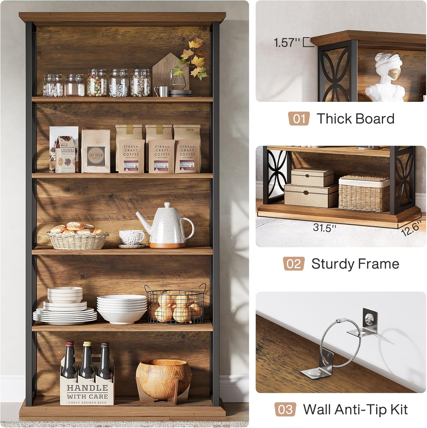 180 cm Industriële Boekenkast, 6 Open Rekken met Metaal Frame voor Elke Ruimte