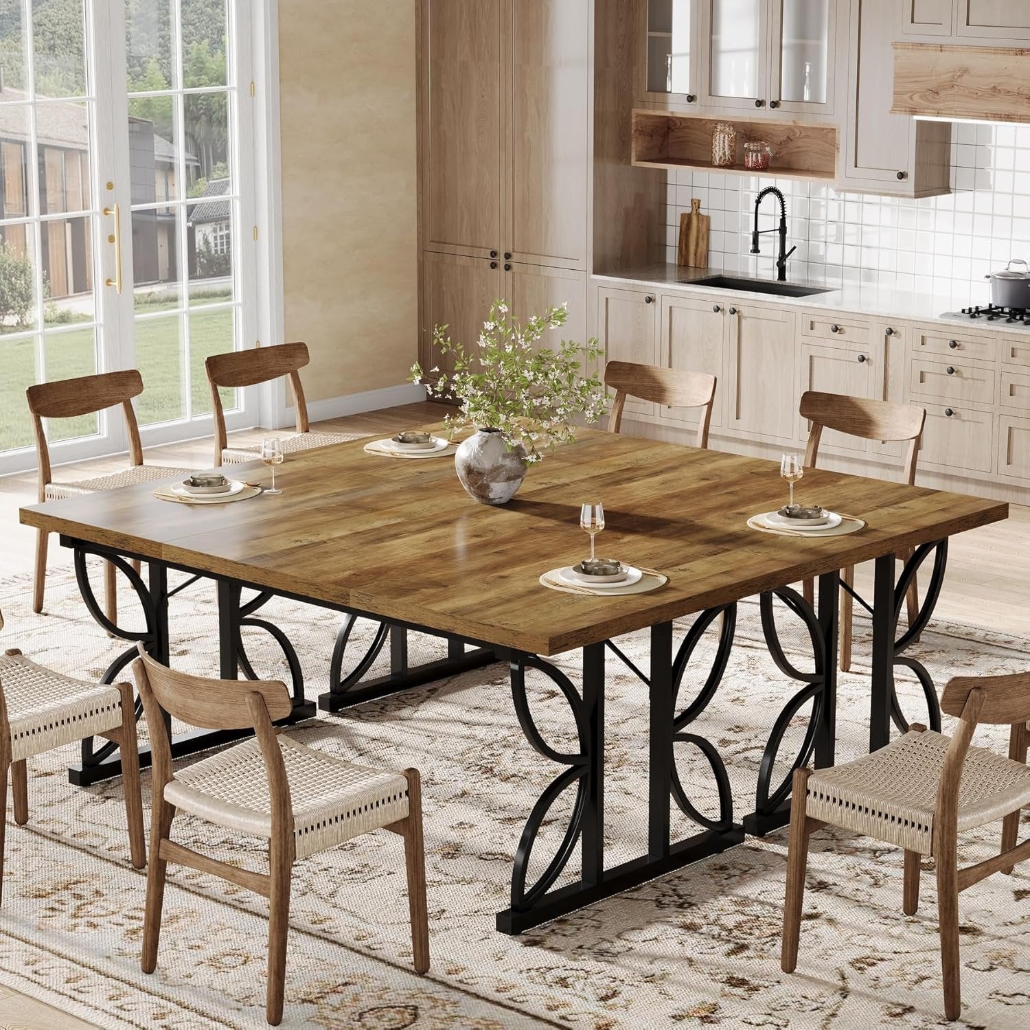 180 cm industriële Rechthoekige Eettafel, Keukentafel met Metalen Onderstel in Bruin