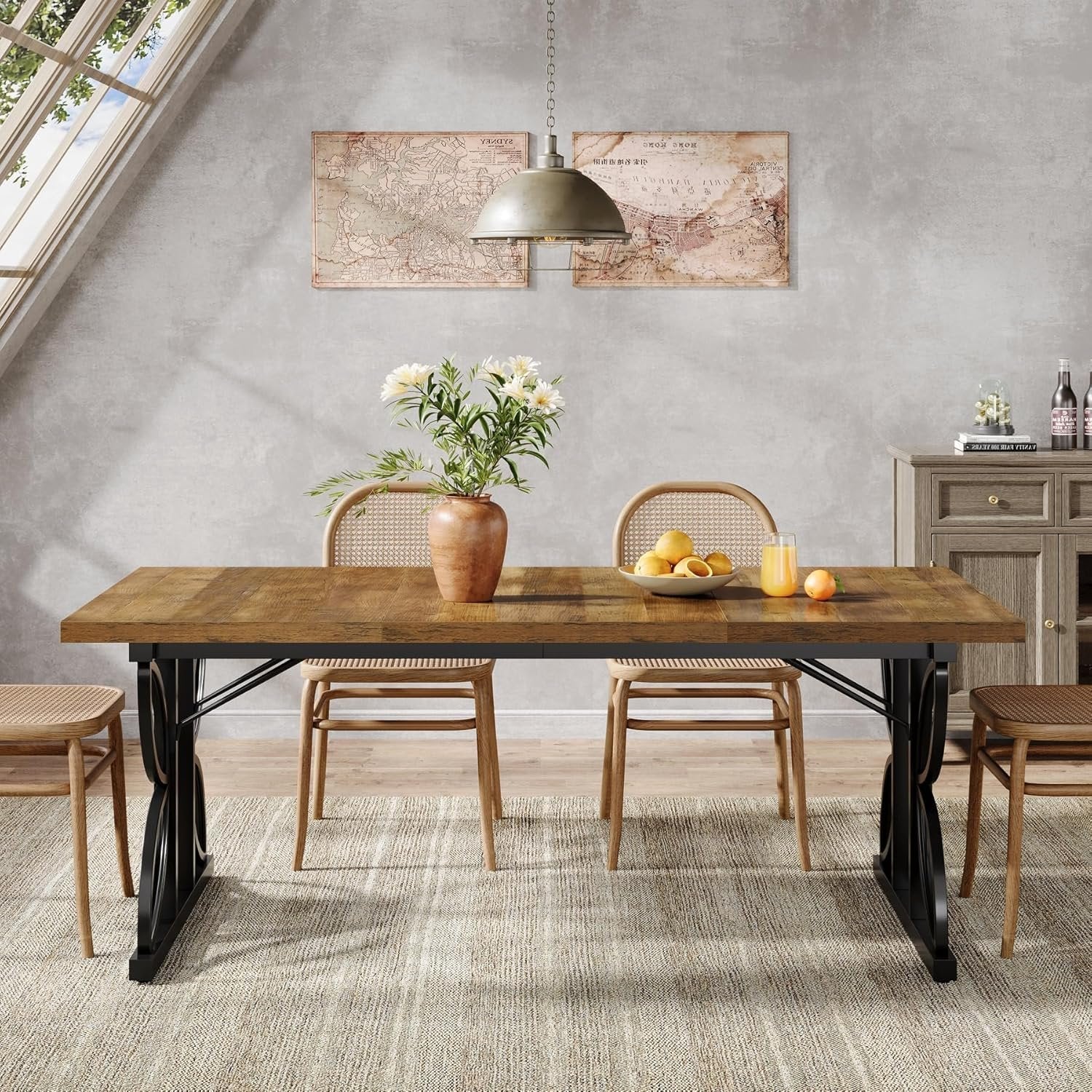 180 cm industriële Rechthoekige Eettafel, Keukentafel met Metalen Onderstel in Bruin